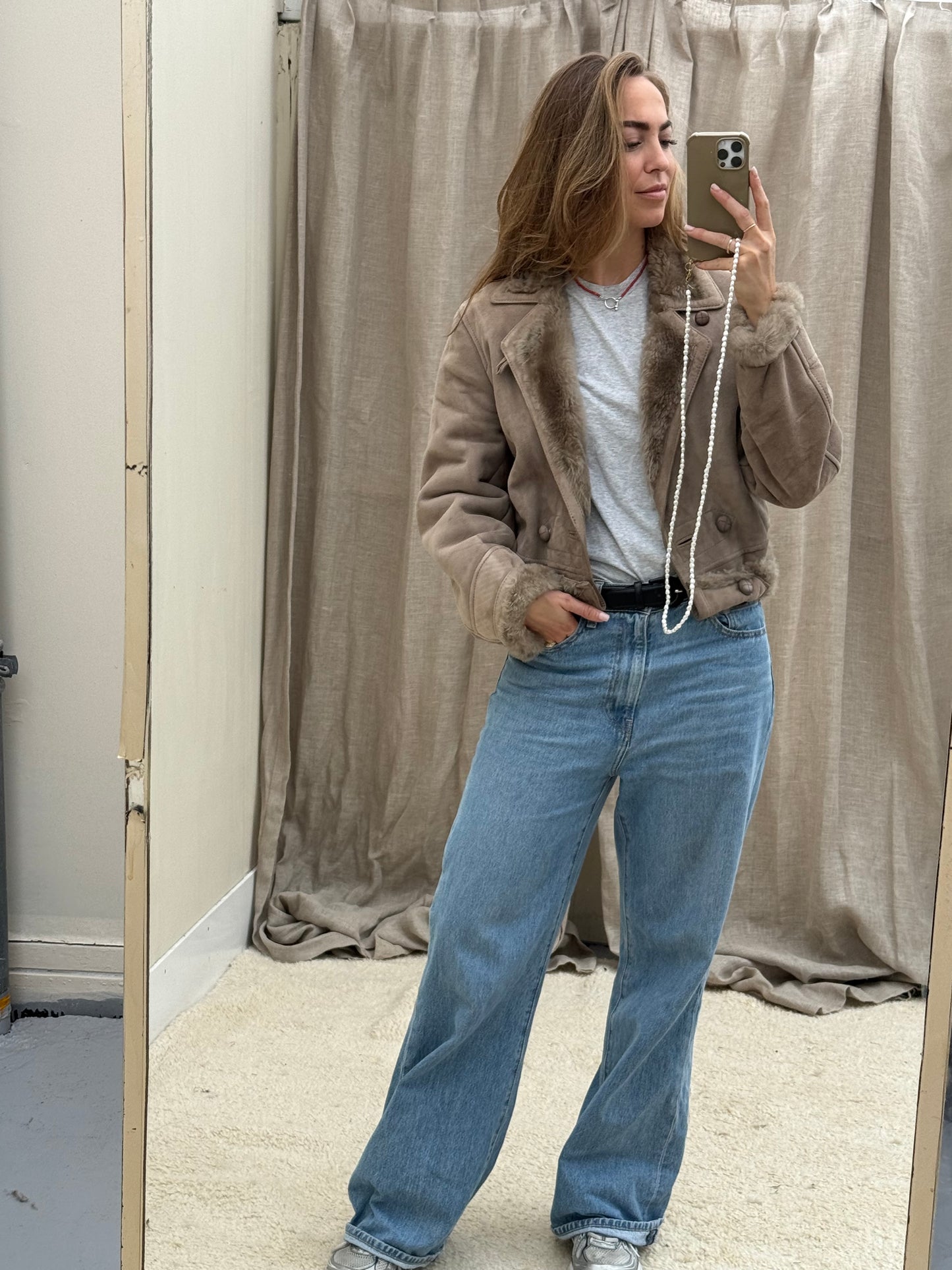 Vintage remade lammy coat reversible cropped model Olive Collectables taupe/grijs