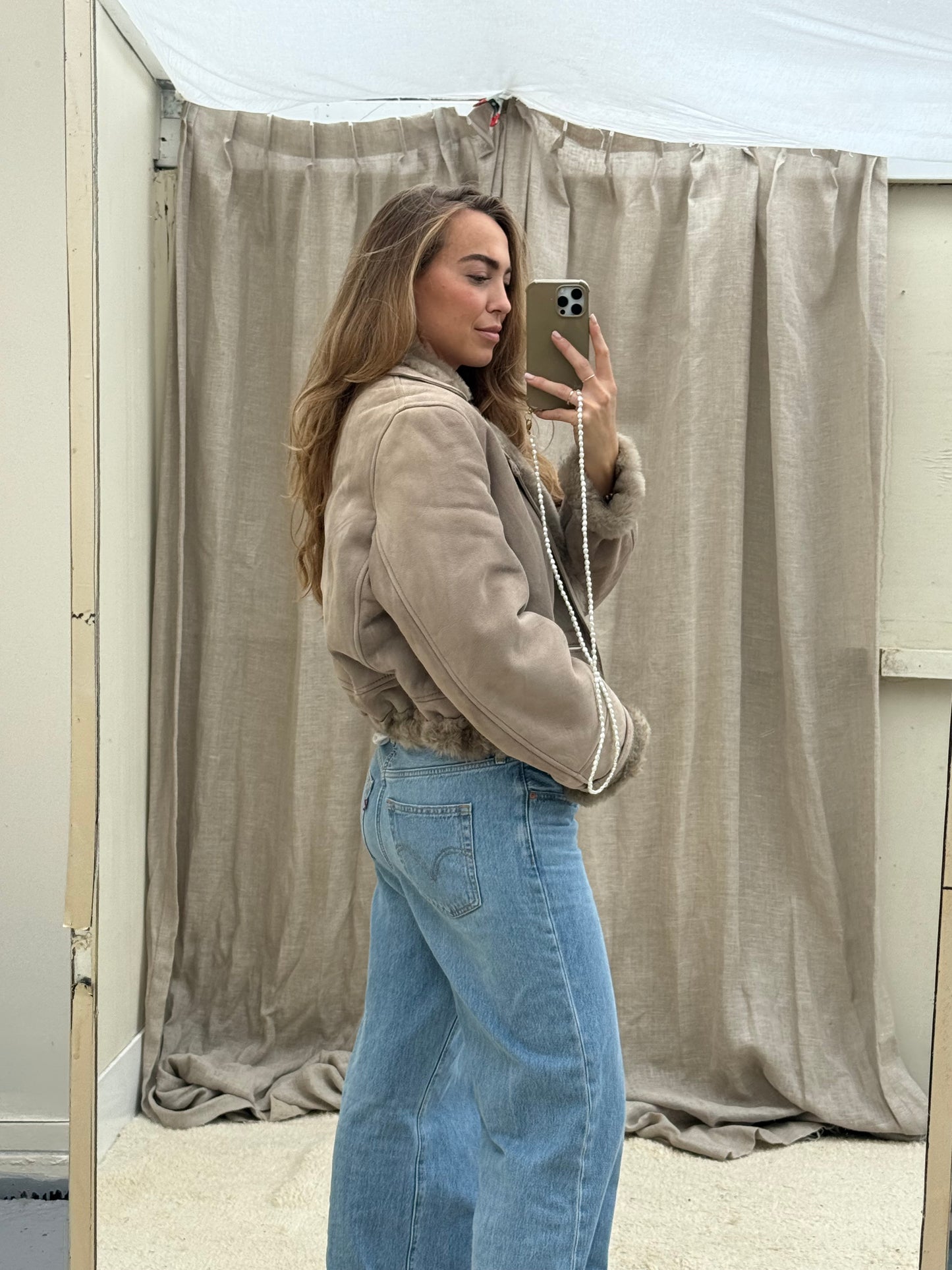 Vintage remade lammy coat reversible cropped model Olive Collectables taupe/grijs