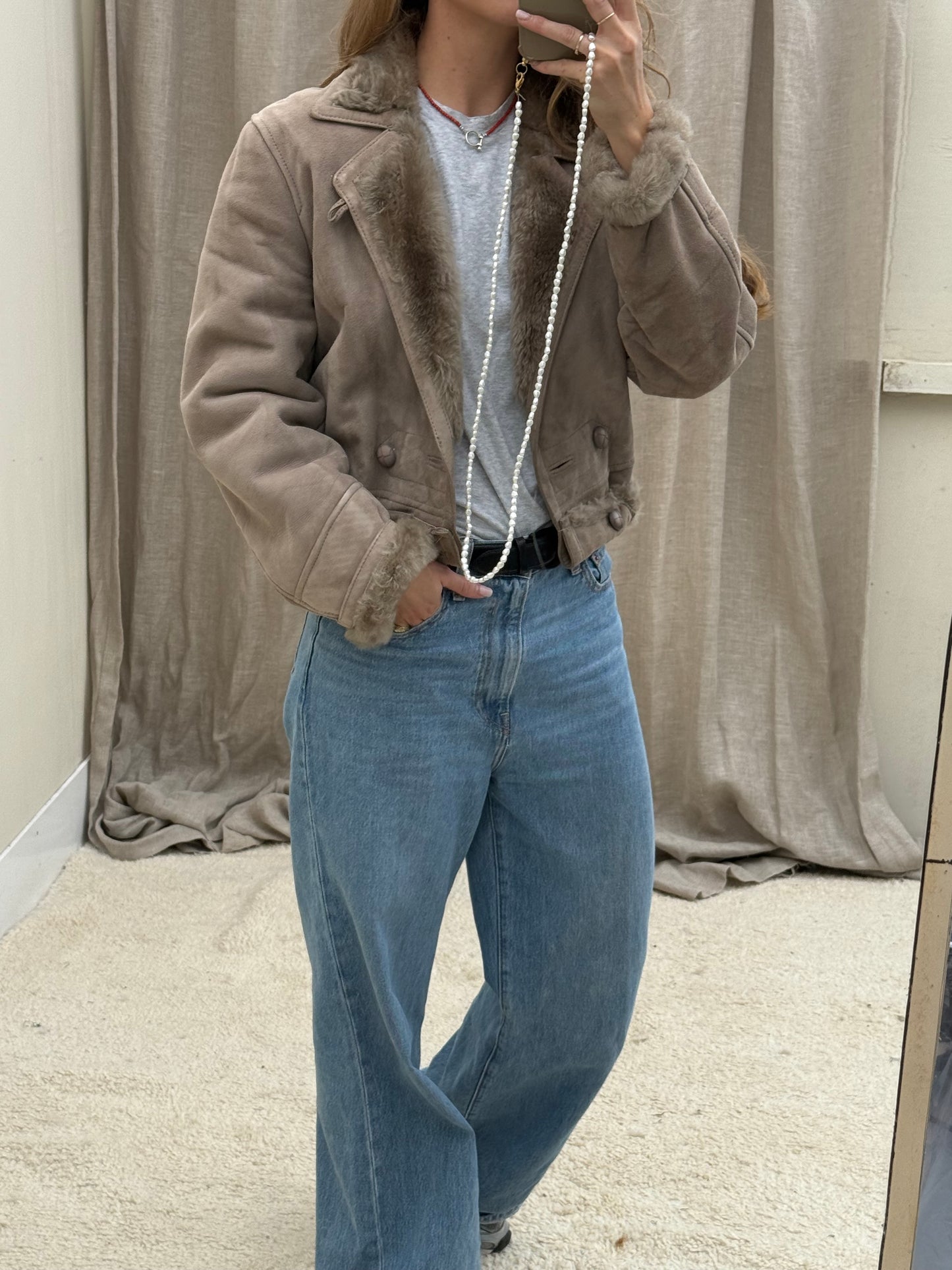 Vintage remade lammy coat reversible cropped model Olive Collectables taupe/grijs