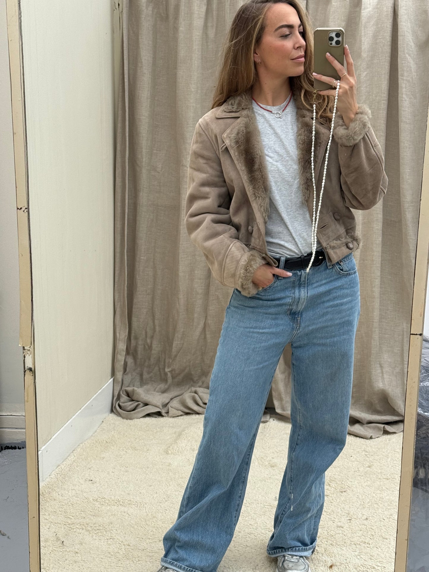 Vintage remade lammy coat reversible cropped model Olive Collectables taupe/grijs