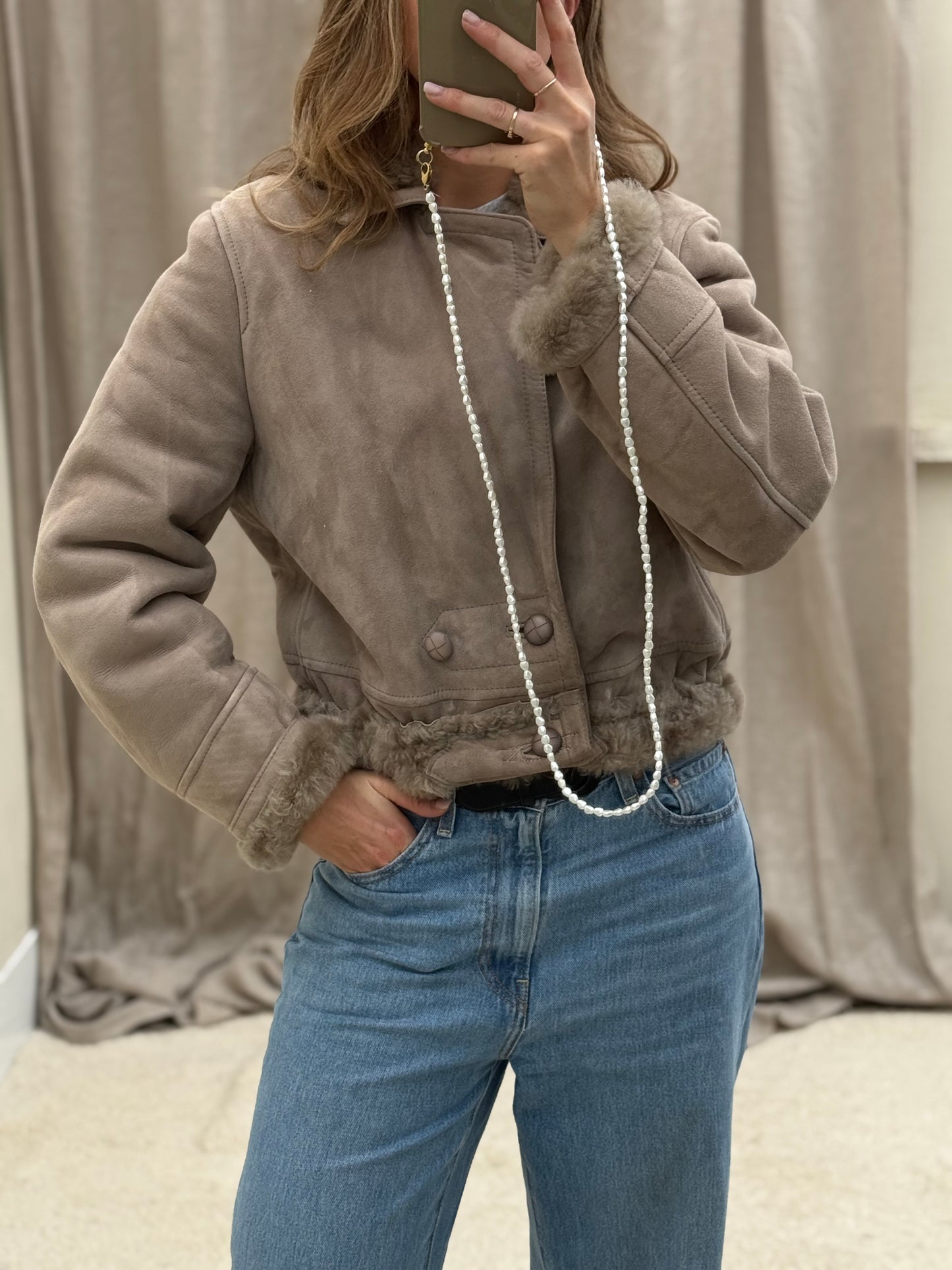 Vintage remade lammy coat reversible cropped model Olive Collectables taupe/grijs