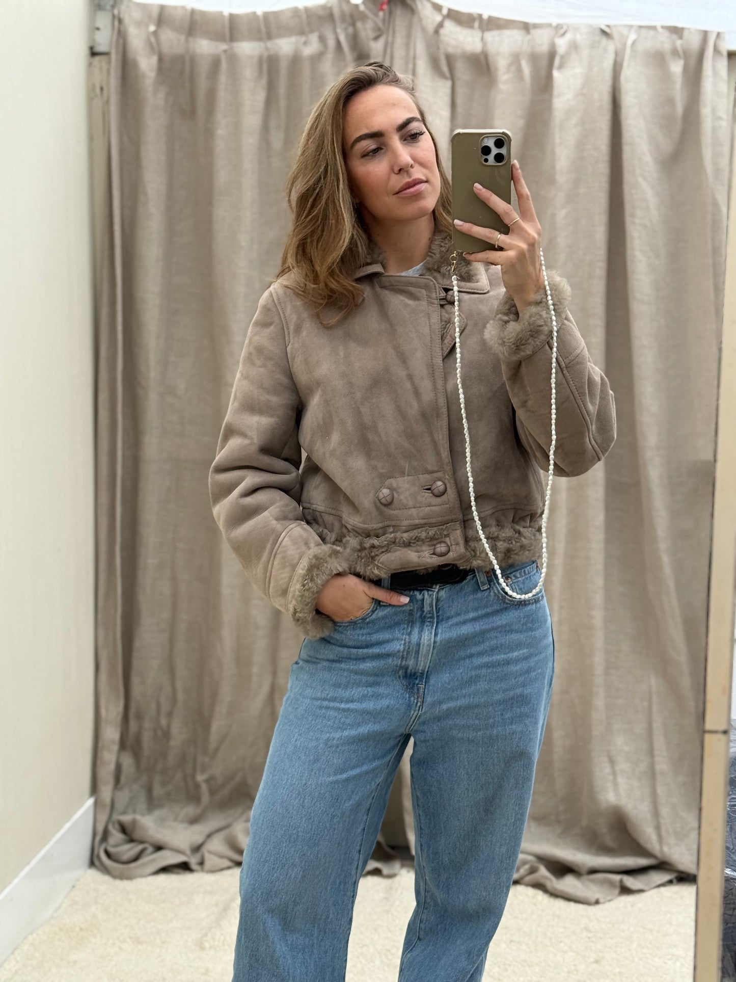 Vintage remade lammy coat reversible cropped model Olive Collectables taupe/grijs
