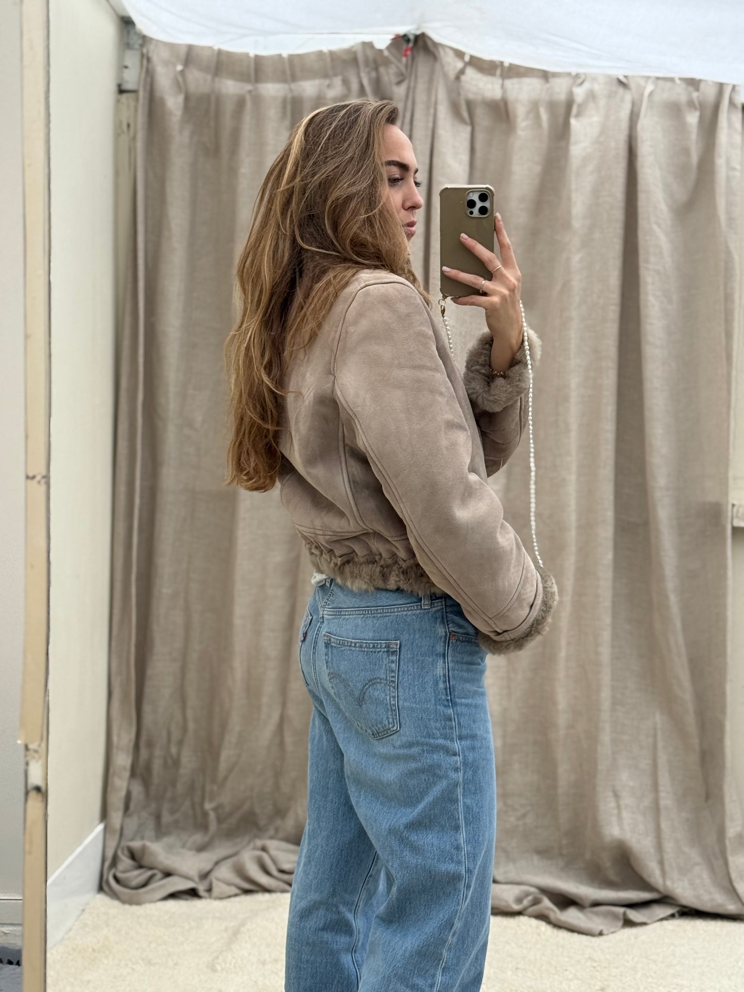 Vintage remade lammy coat reversible cropped model Olive Collectables taupe/grijs
