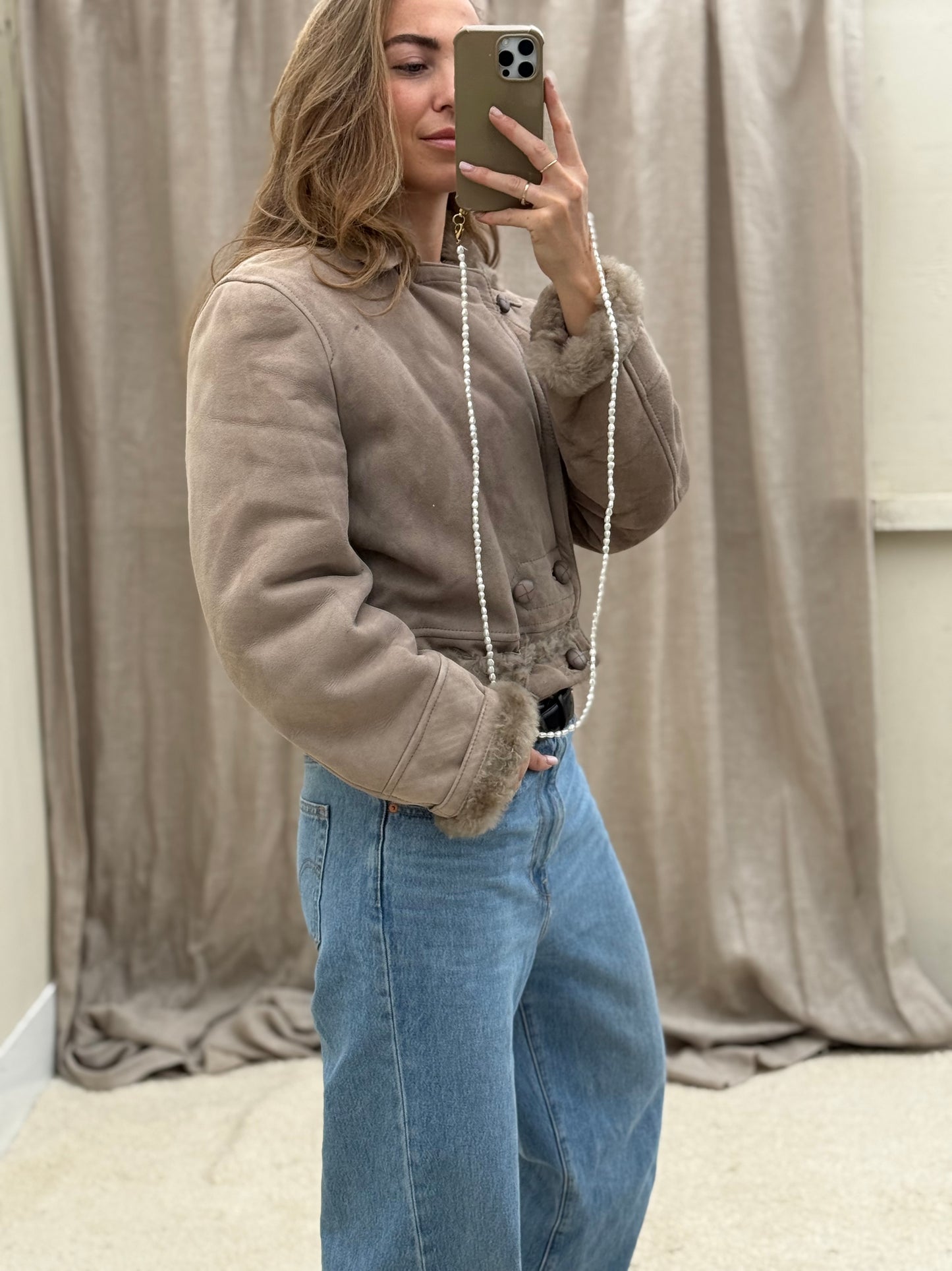 Vintage remade lammy coat reversible cropped model Olive Collectables taupe/grijs