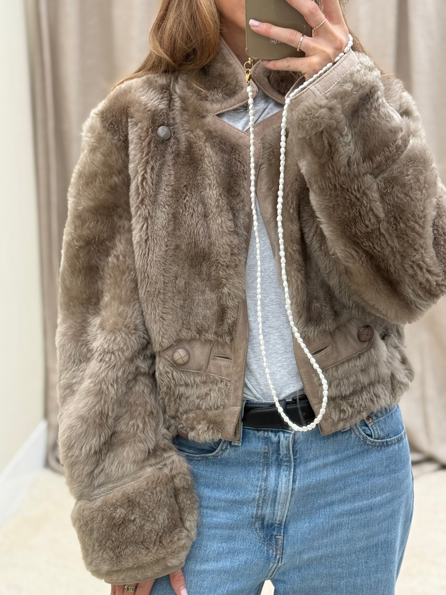 Vintage remade lammy coat reversible cropped model Olive Collectables taupe/grijs