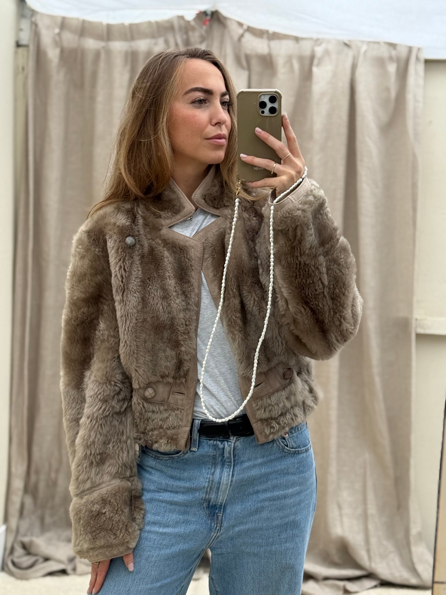 Vintage remade lammy coat reversible cropped model Olive Collectables taupe/grijs