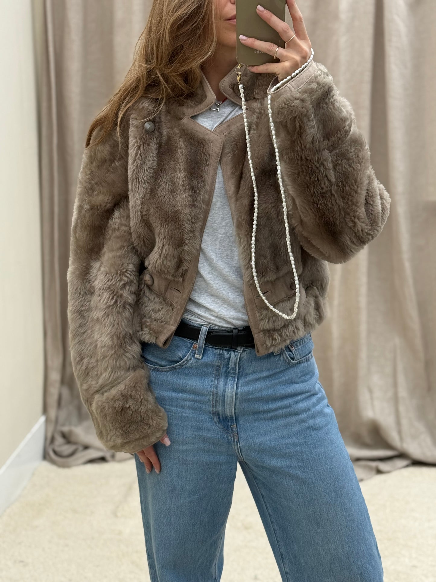 Vintage remade lammy coat reversible cropped model Olive Collectables taupe/grijs