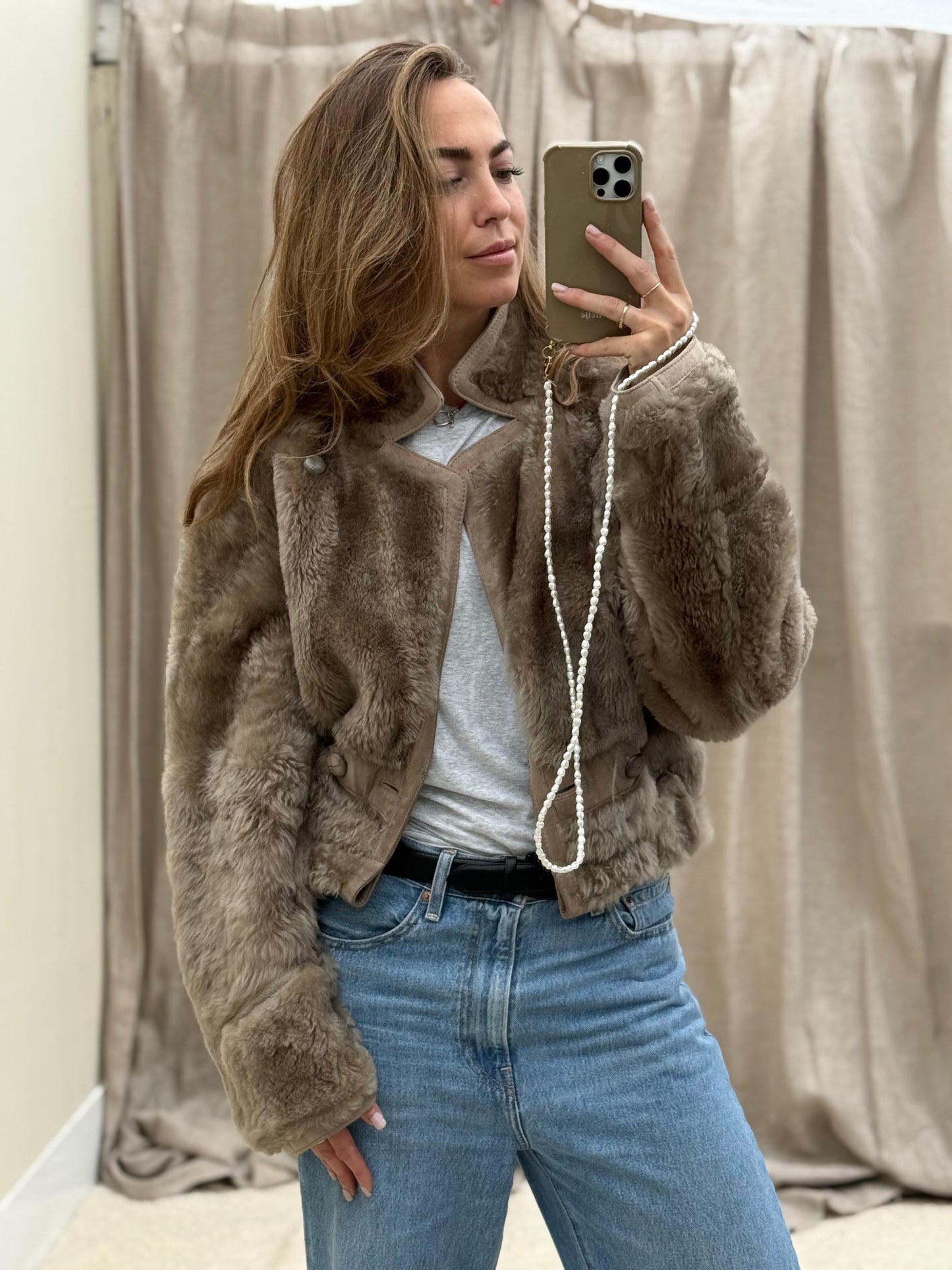 Vintage remade lammy coat reversible cropped model Olive Collectables taupe/grijs