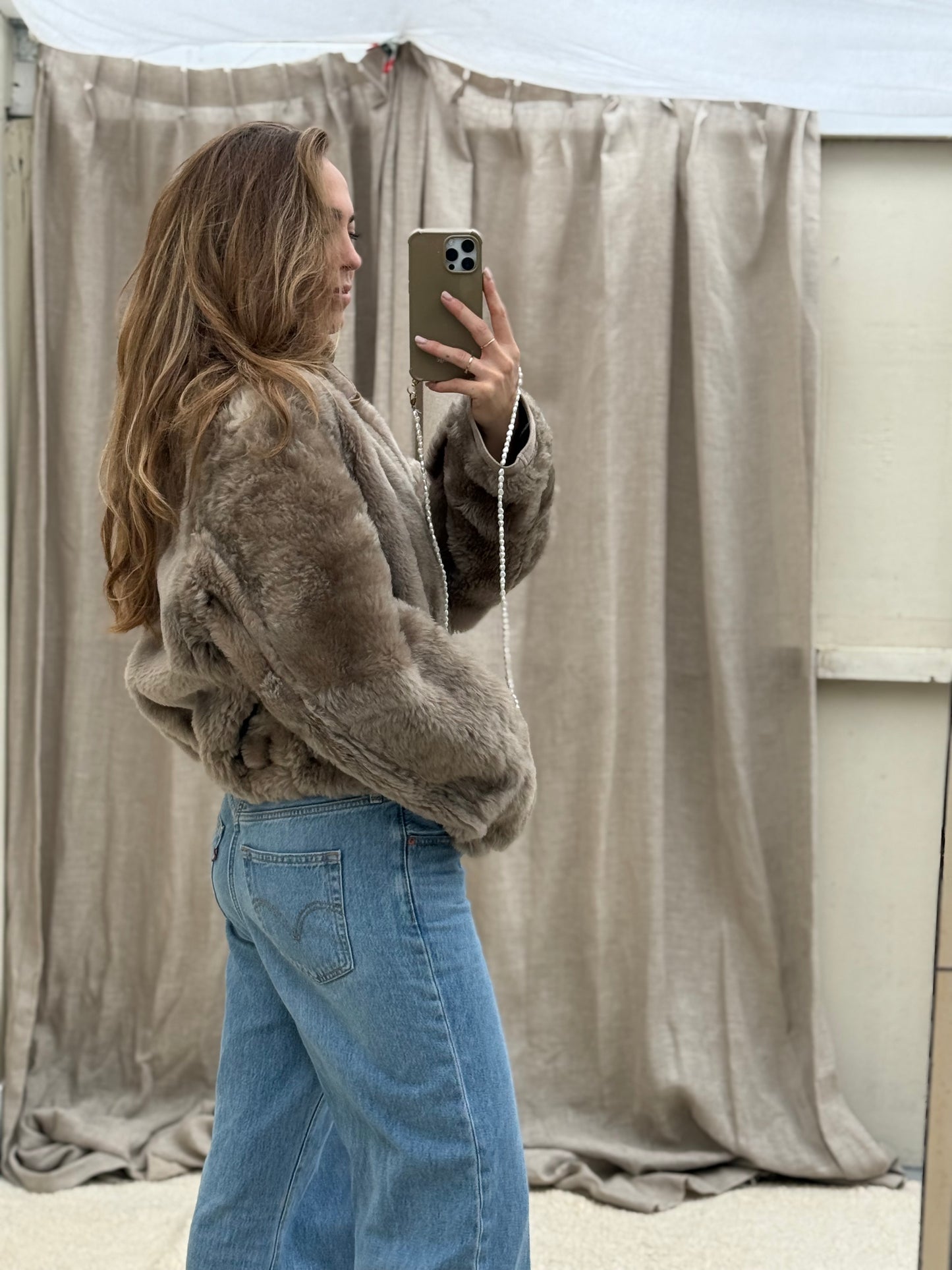 Vintage remade lammy coat reversible cropped model Olive Collectables taupe/grijs