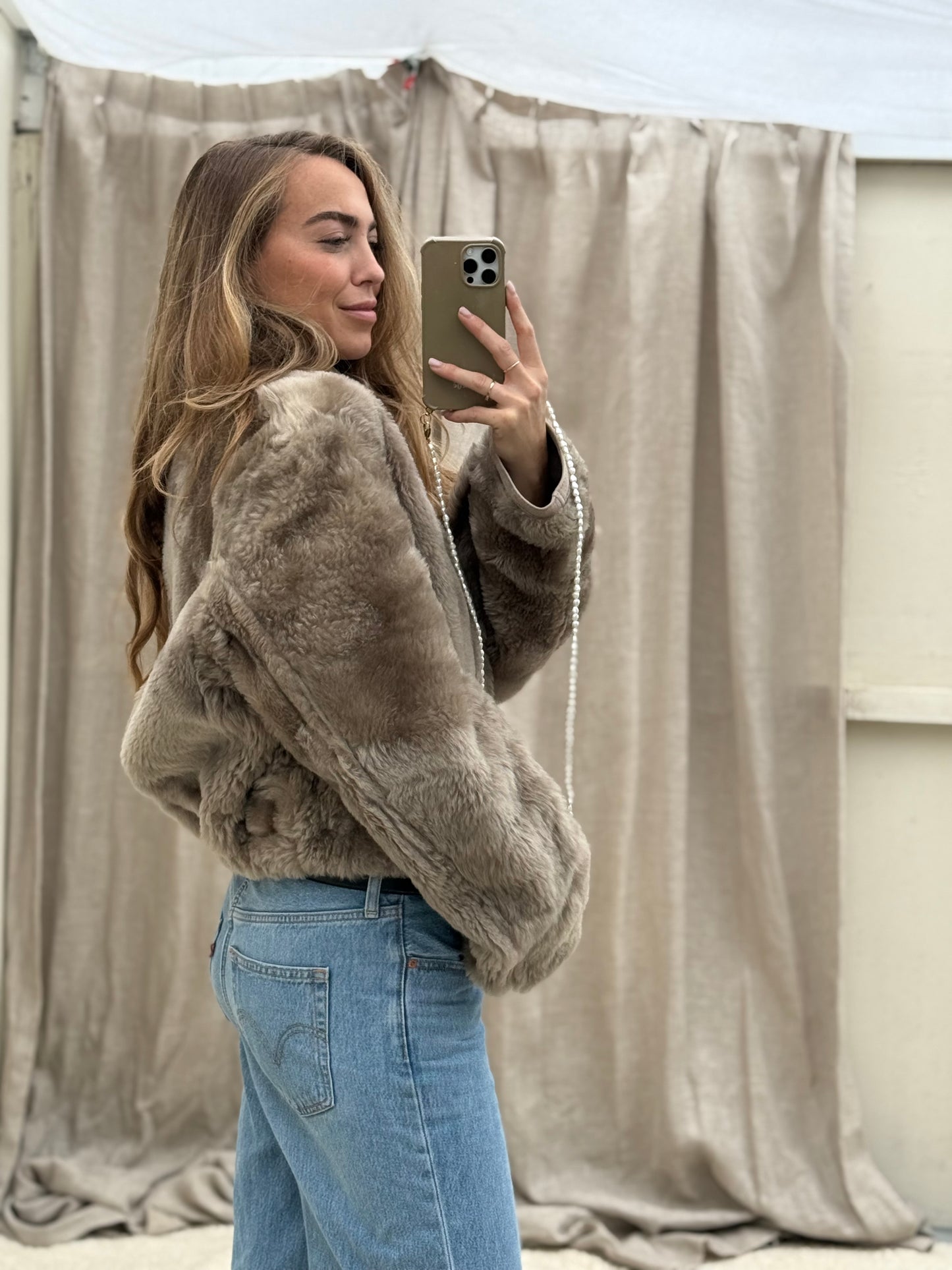 Vintage remade lammy coat reversible cropped model Olive Collectables taupe/grijs