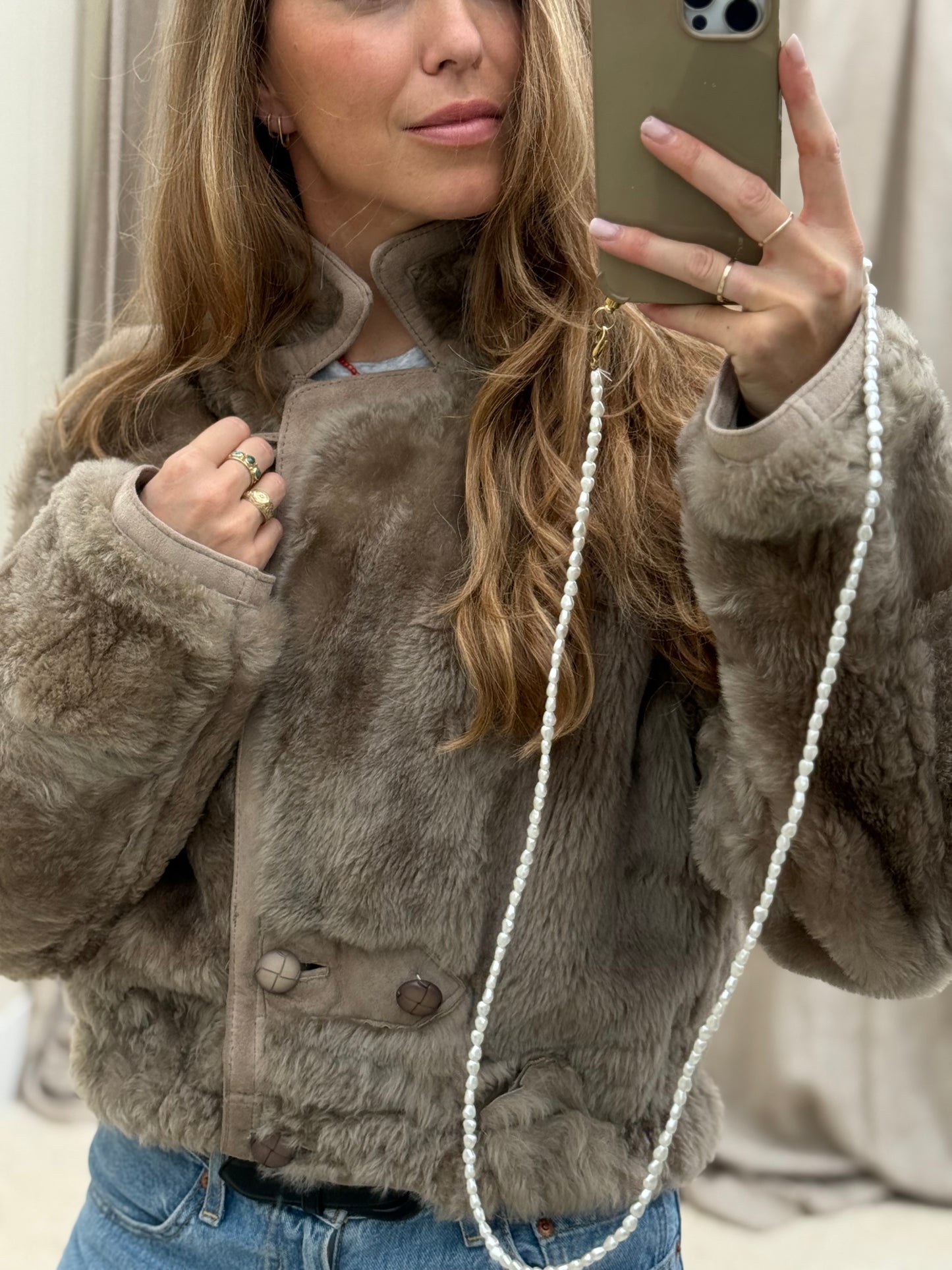 Vintage remade lammy coat reversible cropped model Olive Collectables taupe/grijs
