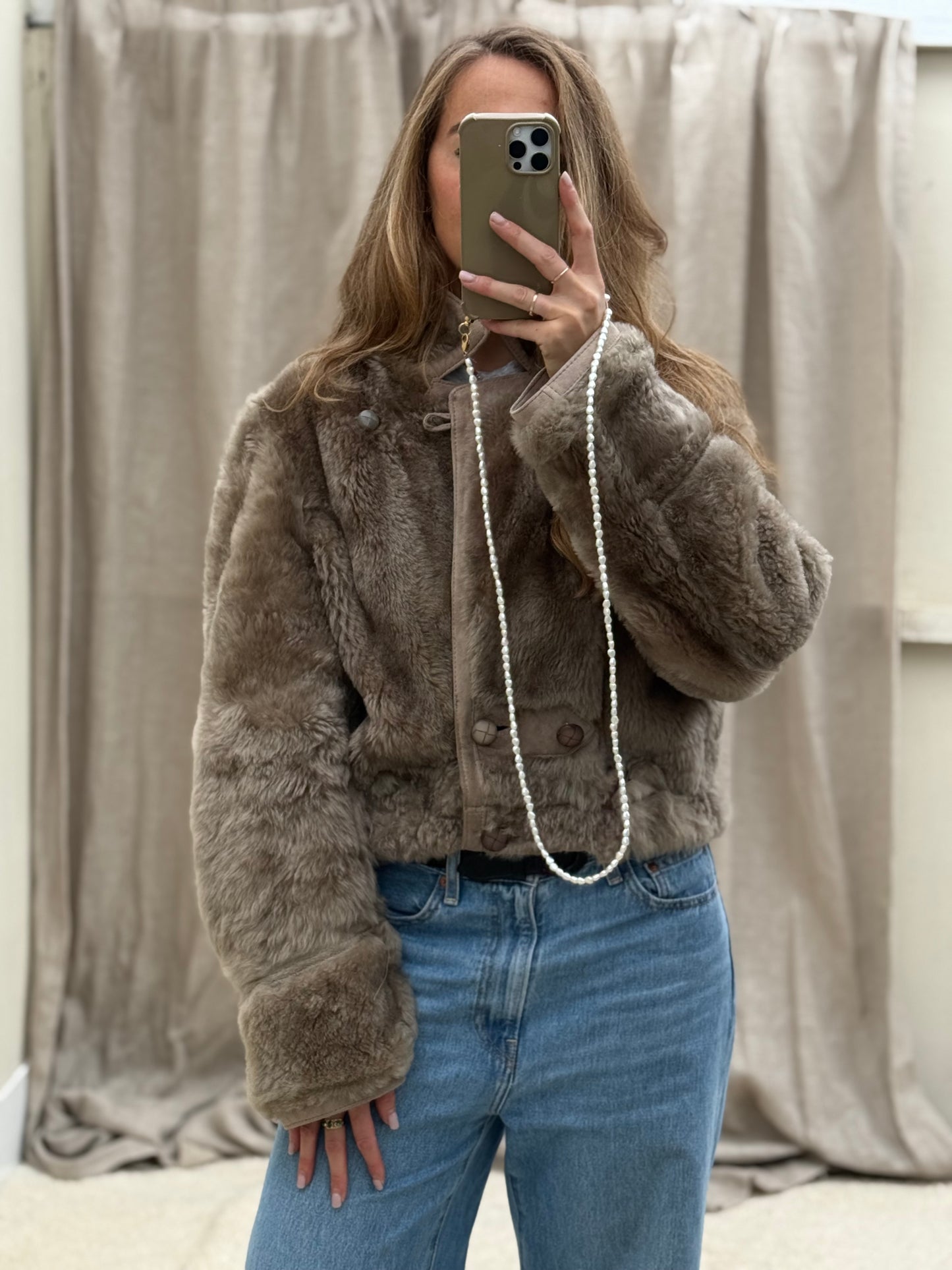 Vintage remade lammy coat reversible cropped model Olive Collectables taupe/grijs