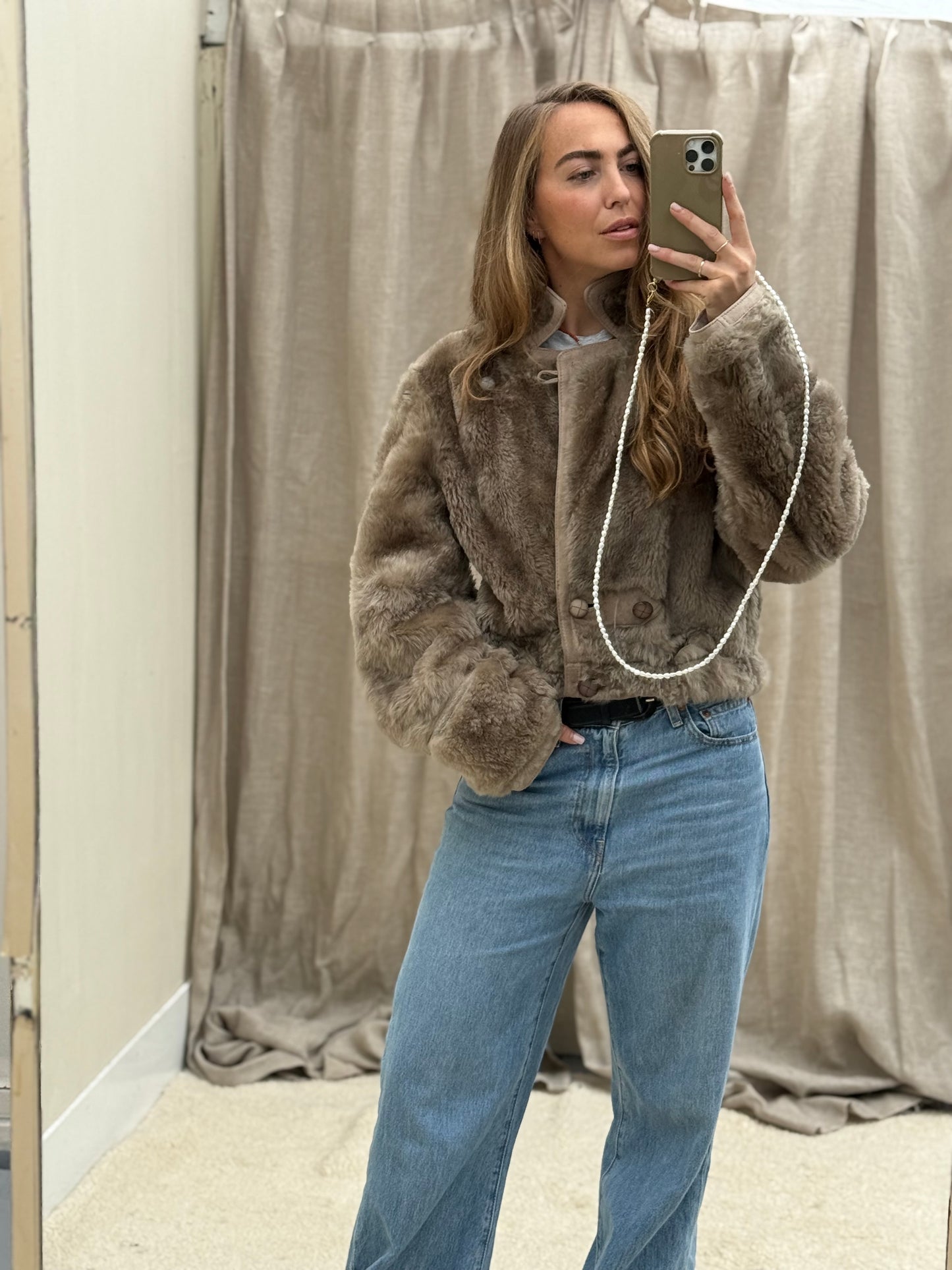Vintage remade lammy coat reversible cropped model Olive Collectables taupe/grijs