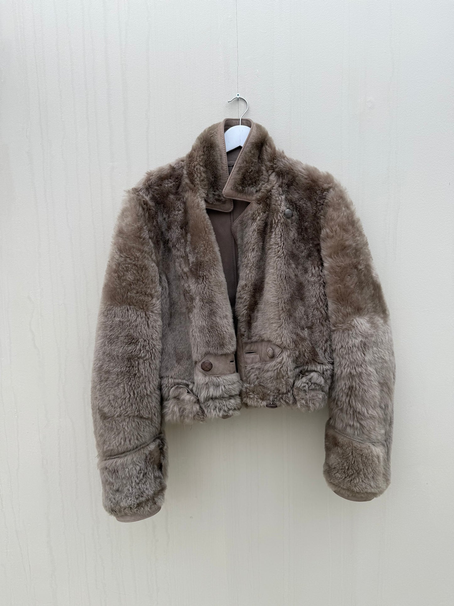 Vintage remade lammy coat reversible cropped model Olive Collectables taupe/grijs