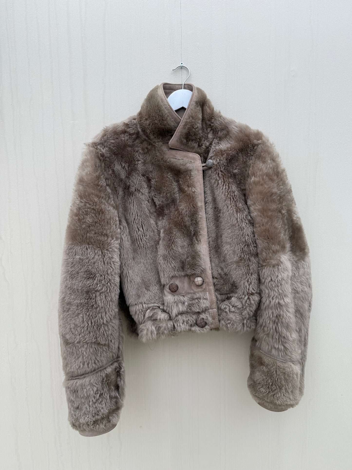Vintage remade lammy coat reversible cropped model Olive Collectables taupe/grijs