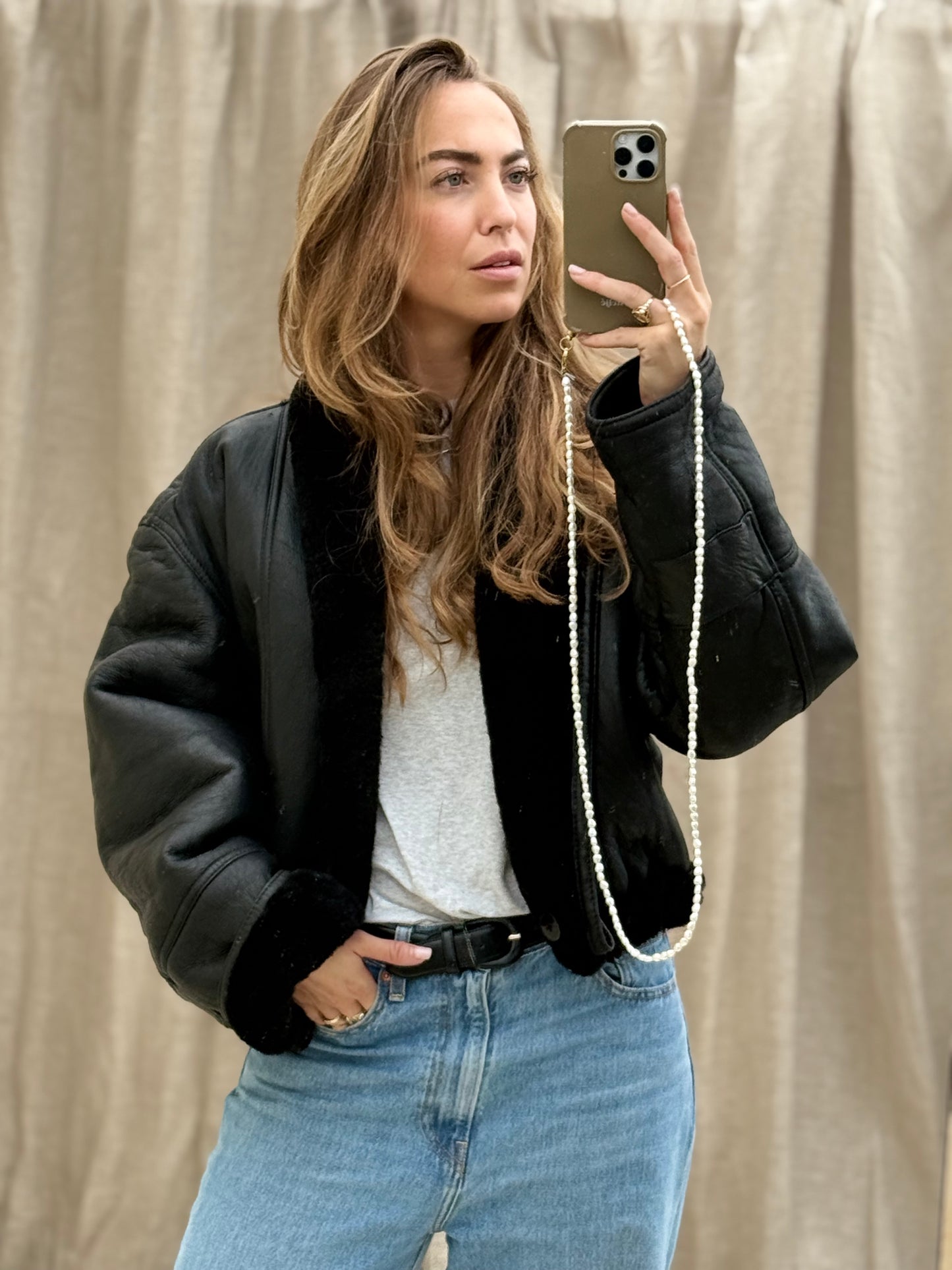 Vintage re-made Cropped Lammy Coat Zwart leer