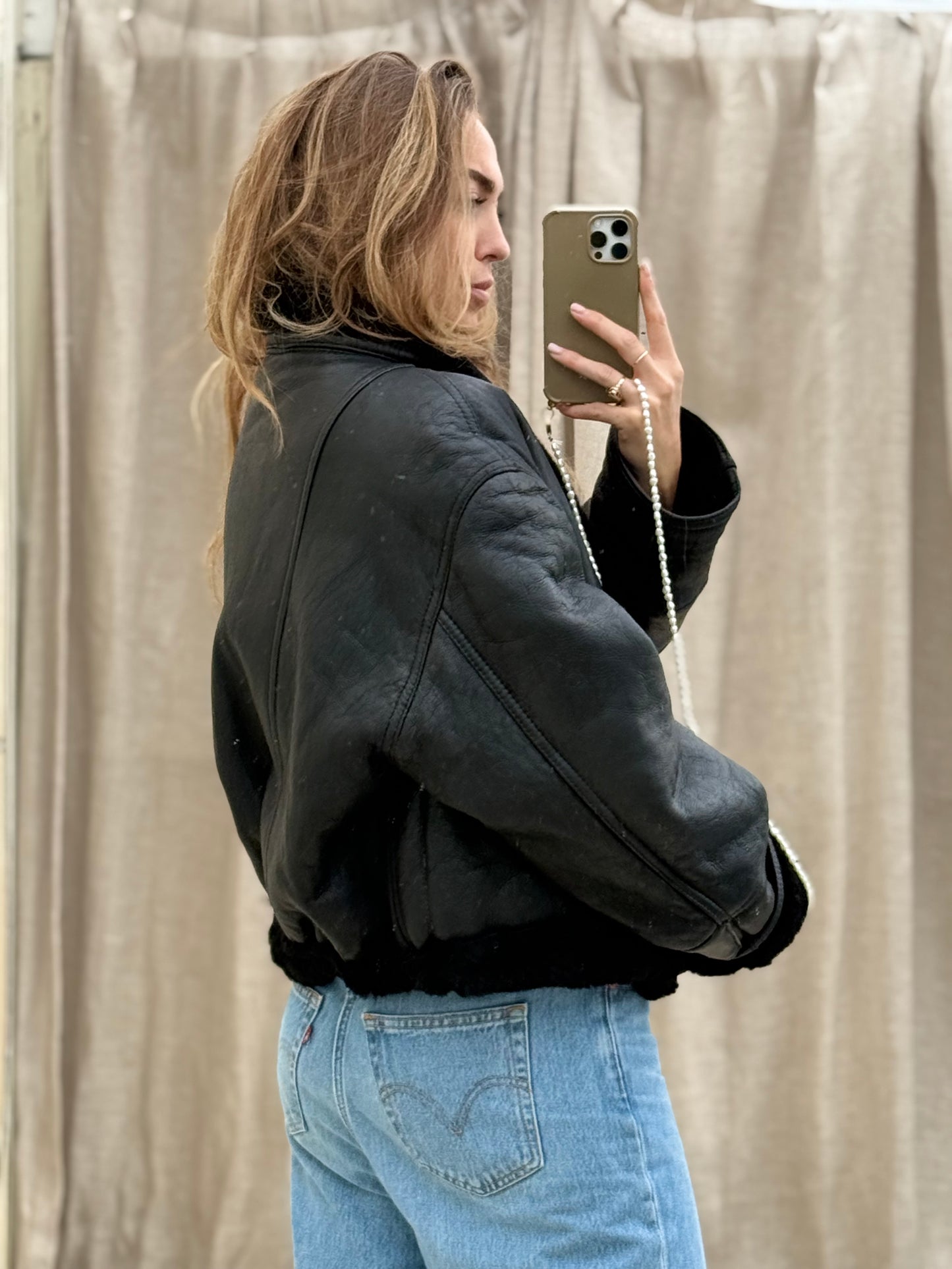 Vintage re-made Cropped Lammy Coat Zwart leer