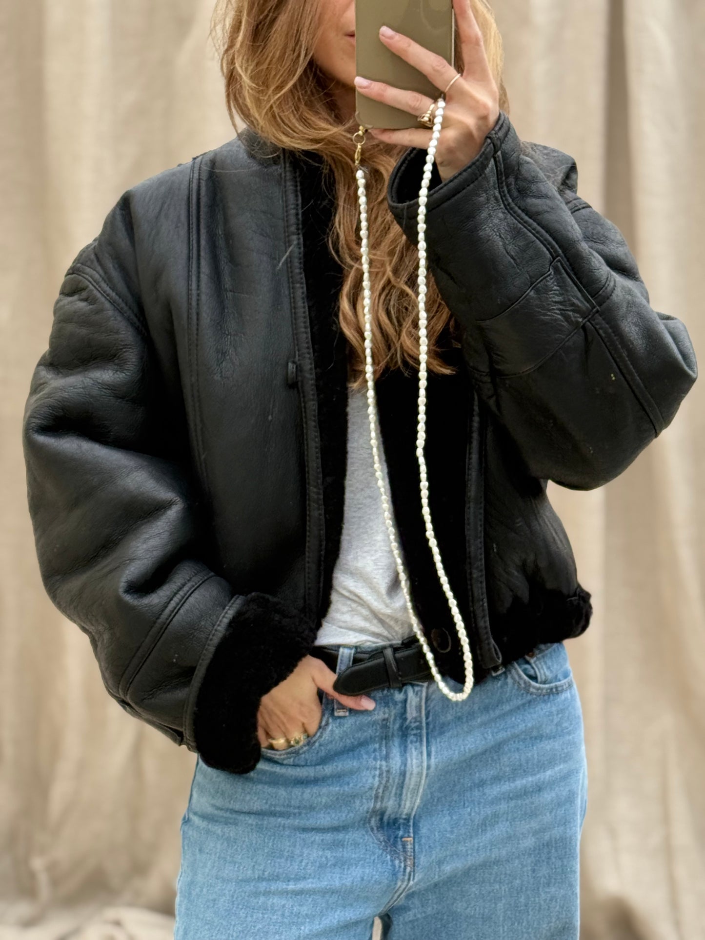 Vintage re-made Cropped Lammy Coat Zwart leer