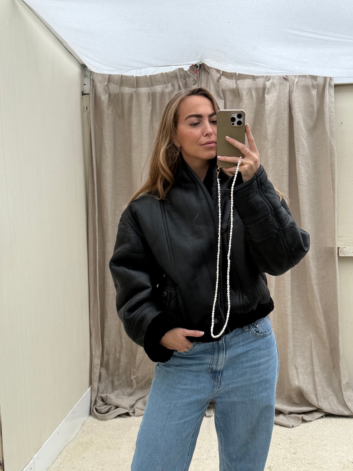 Vintage re-made Cropped Lammy Coat Zwart leer