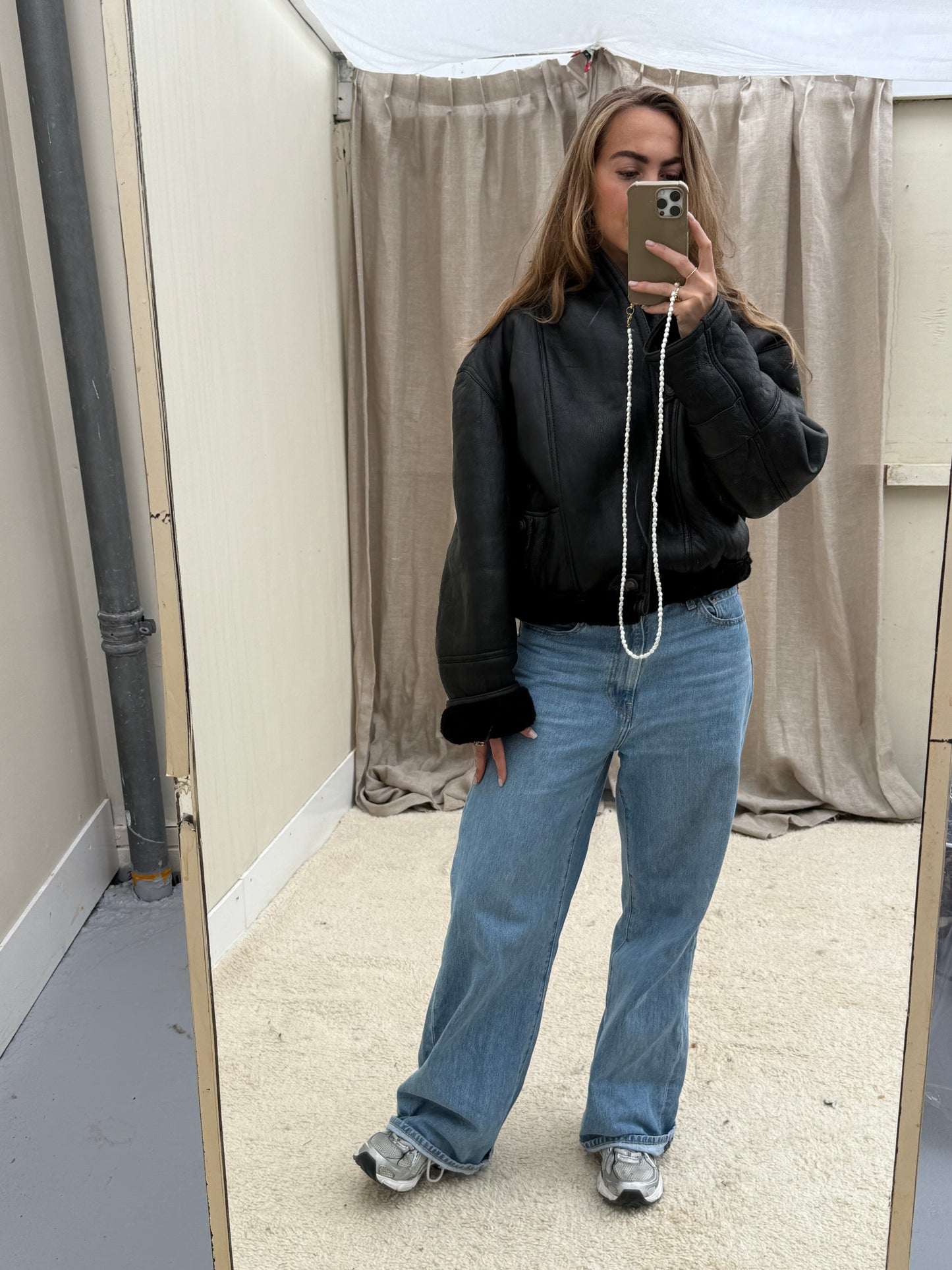 Vintage re-made Cropped Lammy Coat Zwart leer