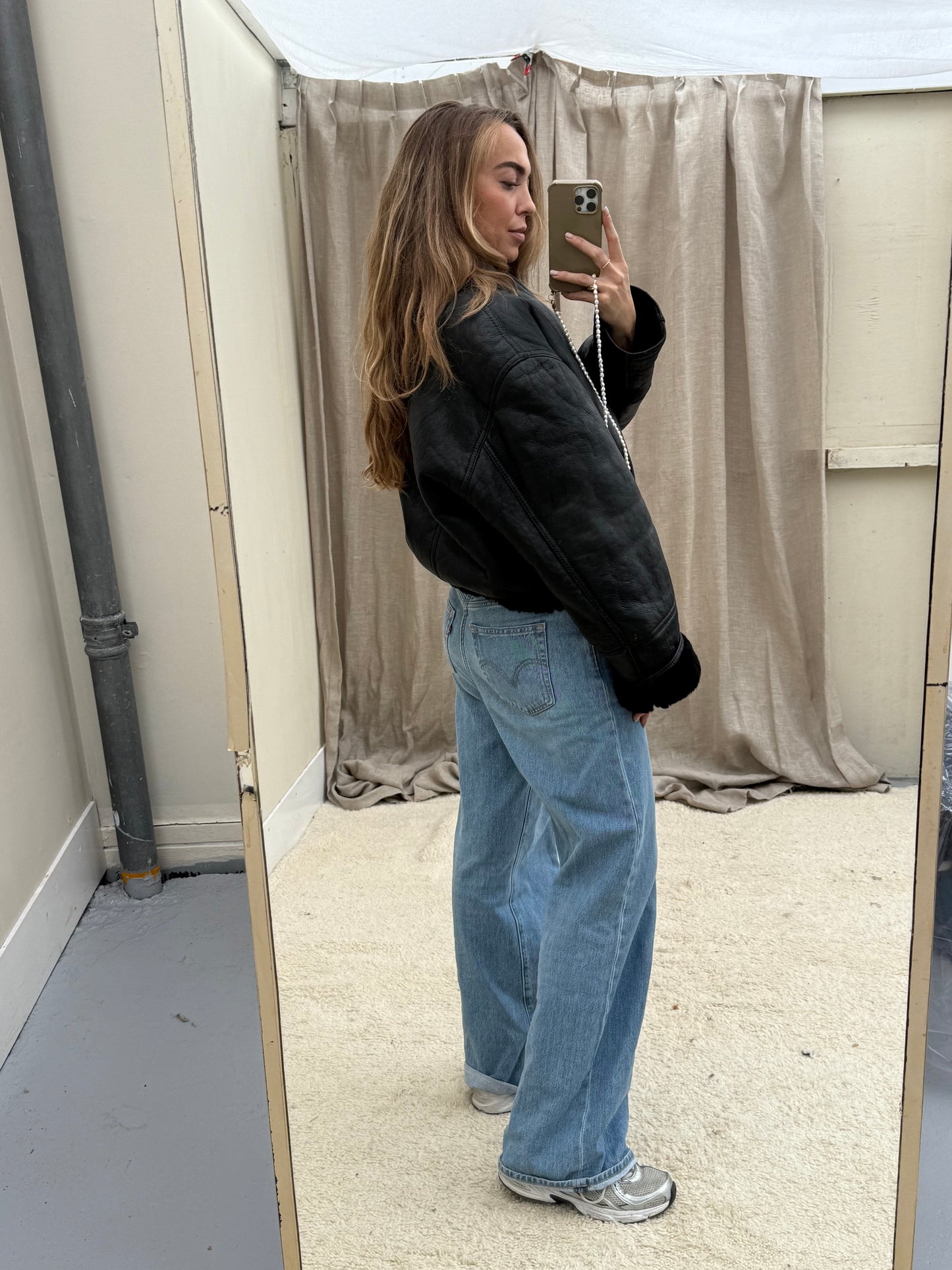 Vintage re-made Cropped Lammy Coat Zwart leer