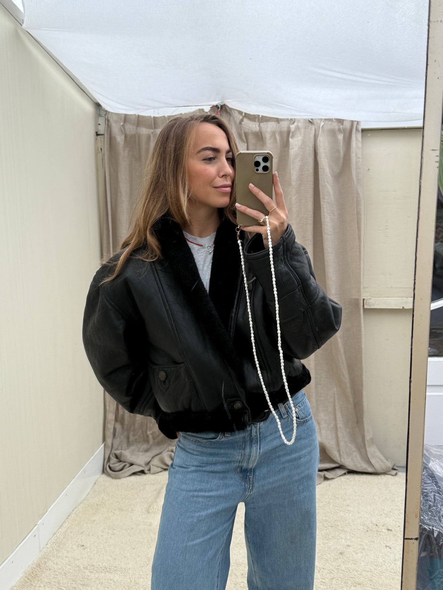 Vintage re-made Cropped Lammy Coat Zwart leer