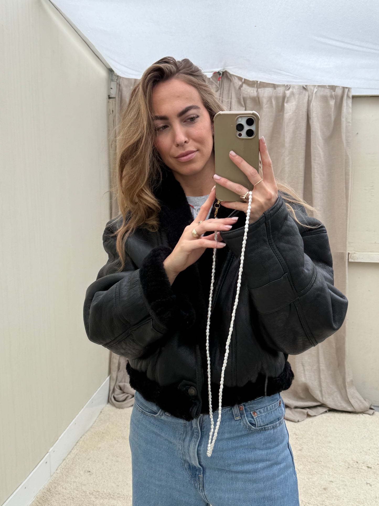 Vintage re-made Cropped Lammy Coat Zwart leer