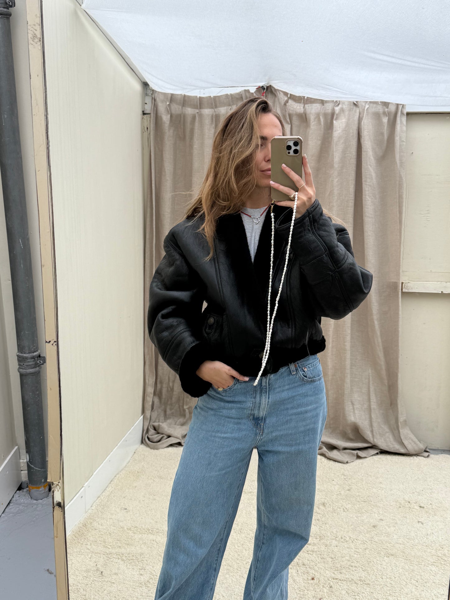 Vintage re-made Cropped Lammy Coat Zwart leer