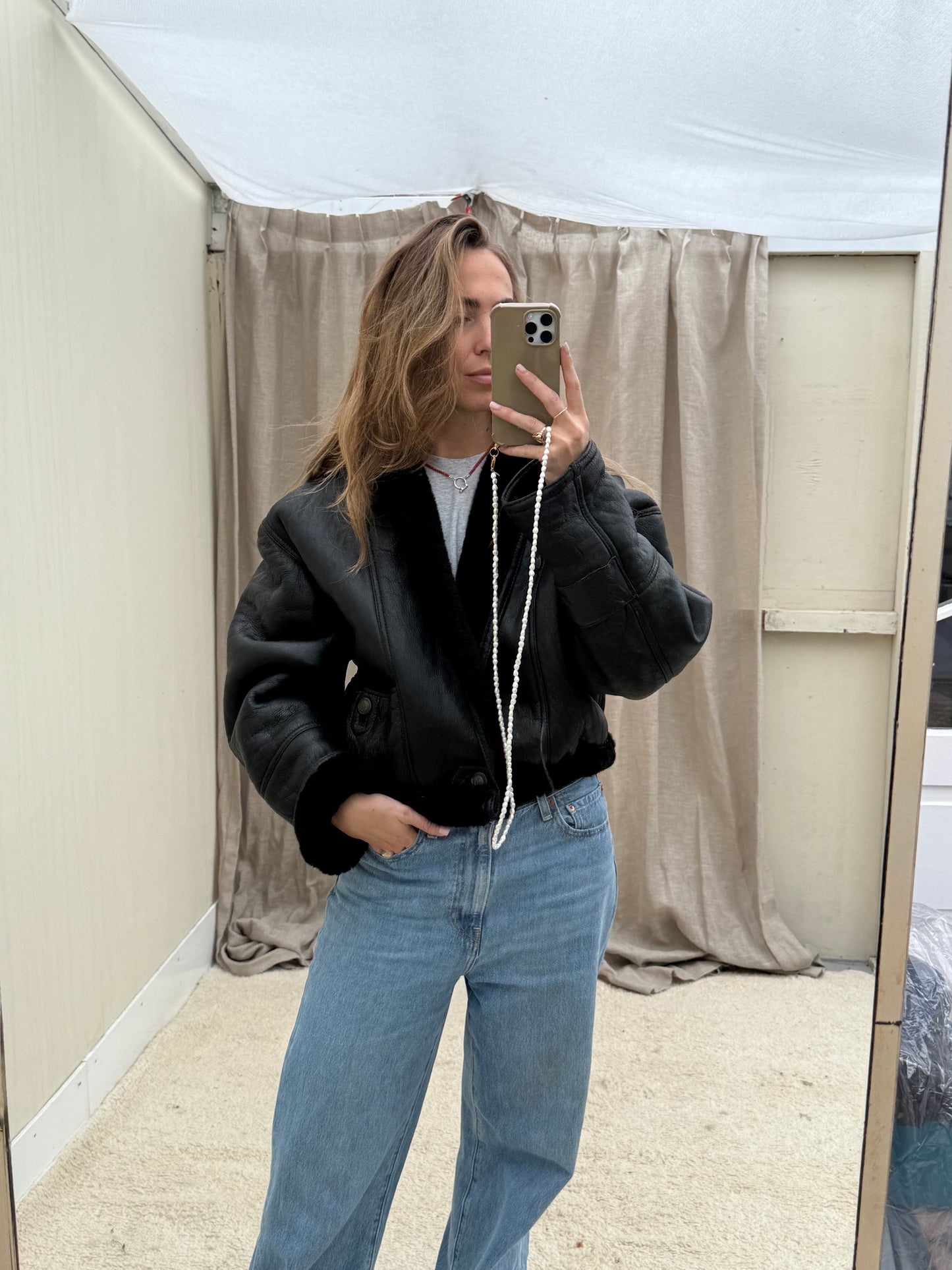 Vintage re-made Cropped Lammy Coat Zwart leer