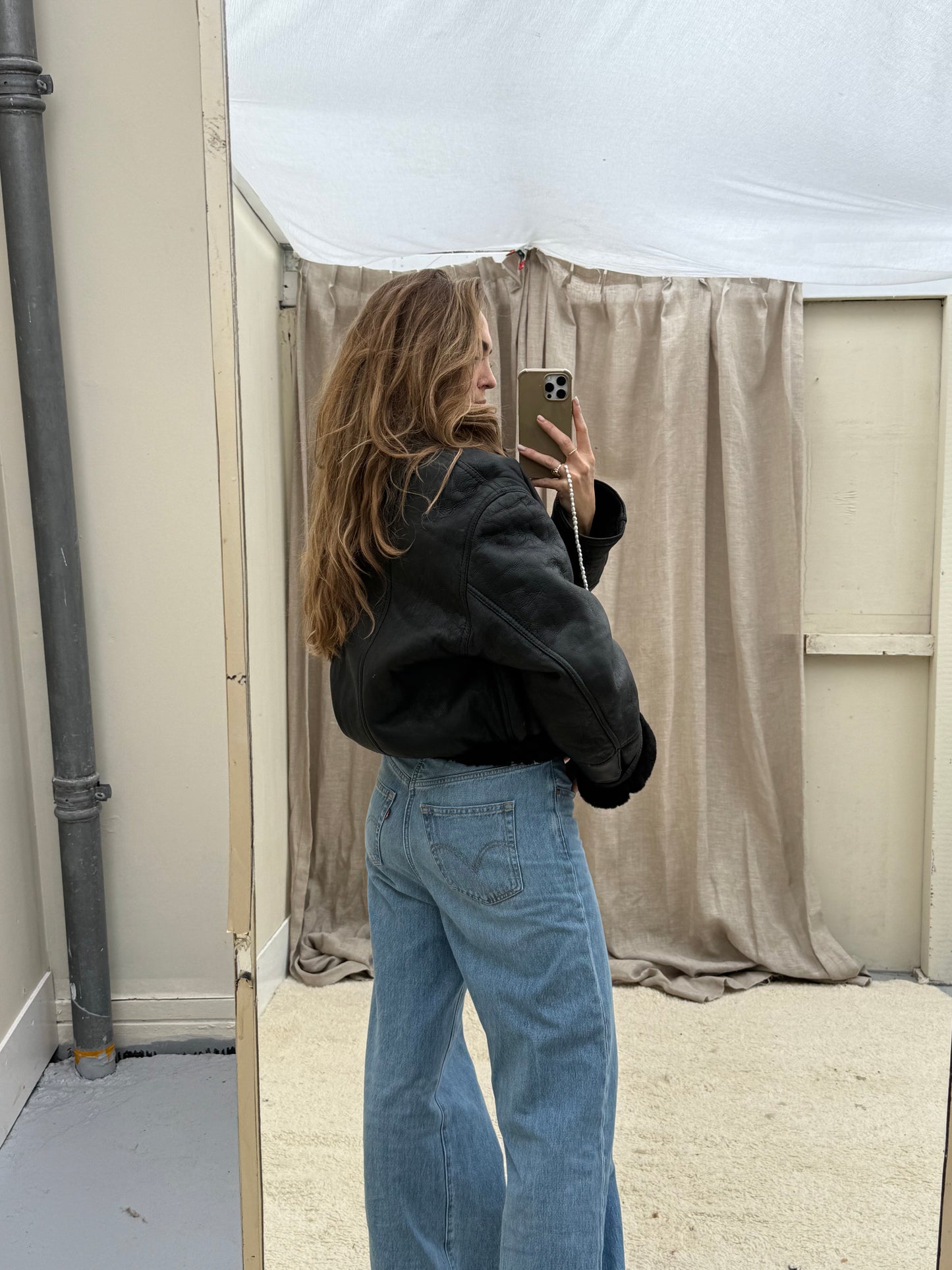 Vintage re-made Cropped Lammy Coat Zwart leer