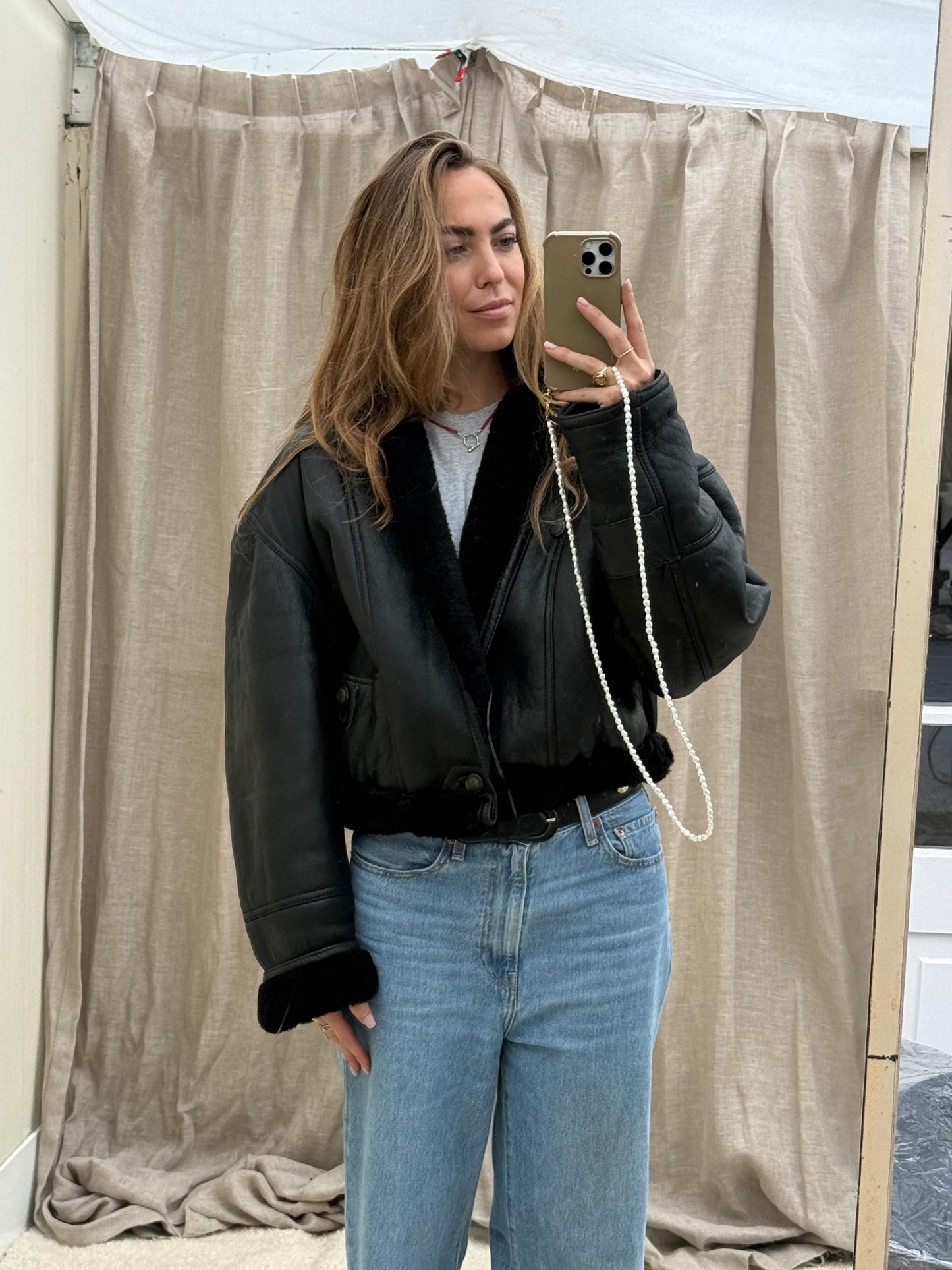 Vintage re-made Cropped Lammy Coat Zwart leer