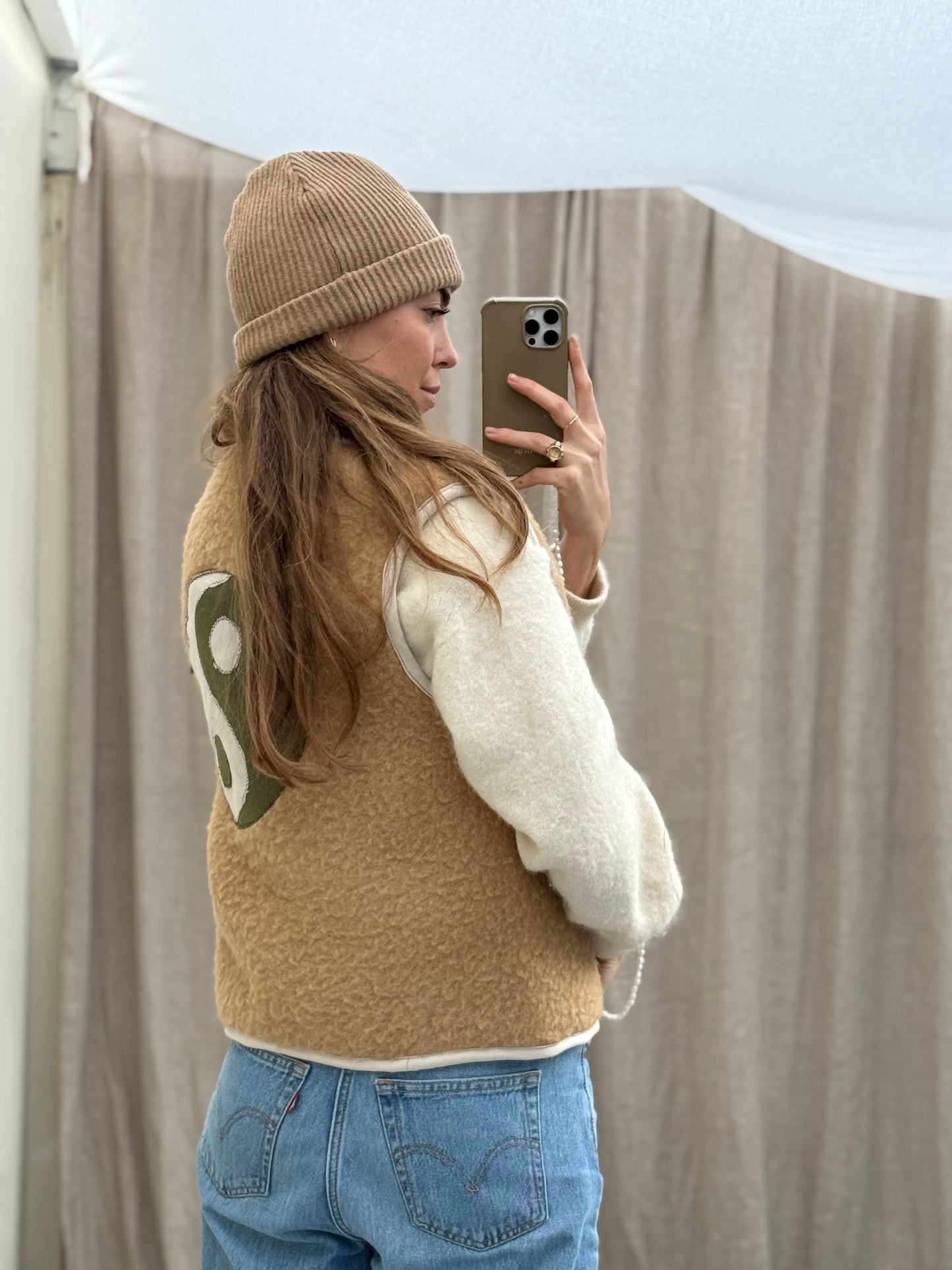 Handgemaakte waistcoat gilet vintage wollen deken sustainable one size ying yang