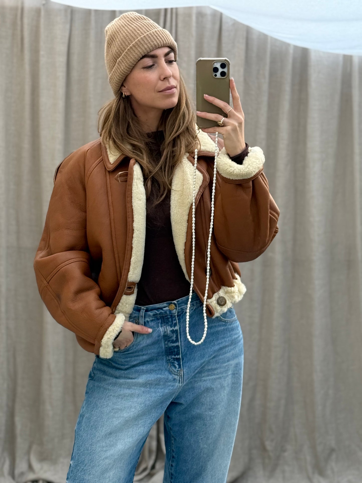 Vintage re-made cropped shearling lammy maat M-XL