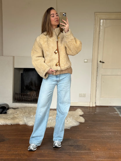 Vintage cropped lammy coat remade reversible bruin maat M-XL