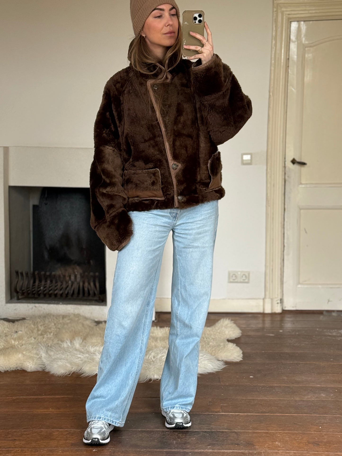 Vintage cropped lammy coat remade reversible bruin maat M-XL