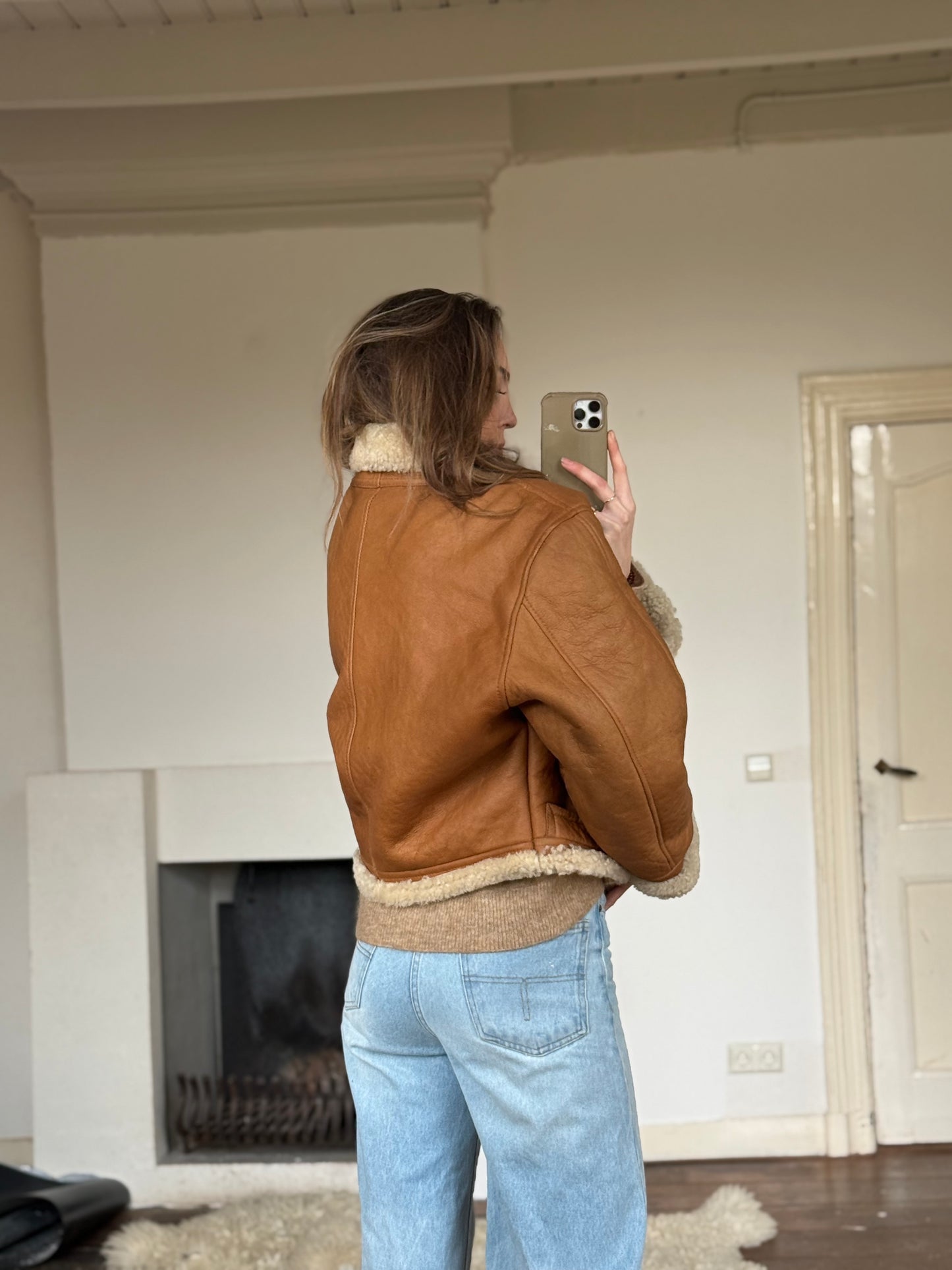 Vintage cropped lammy coat remade reversible bruin maat M-XL