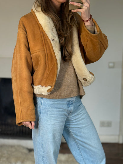 Vintage cropped lammy coat remade reversible bruin maat S-L
