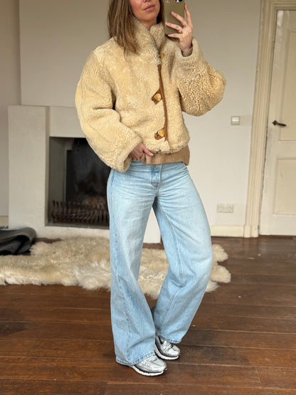 Vintage cropped lammy coat remade reversible bruin maat M-XL