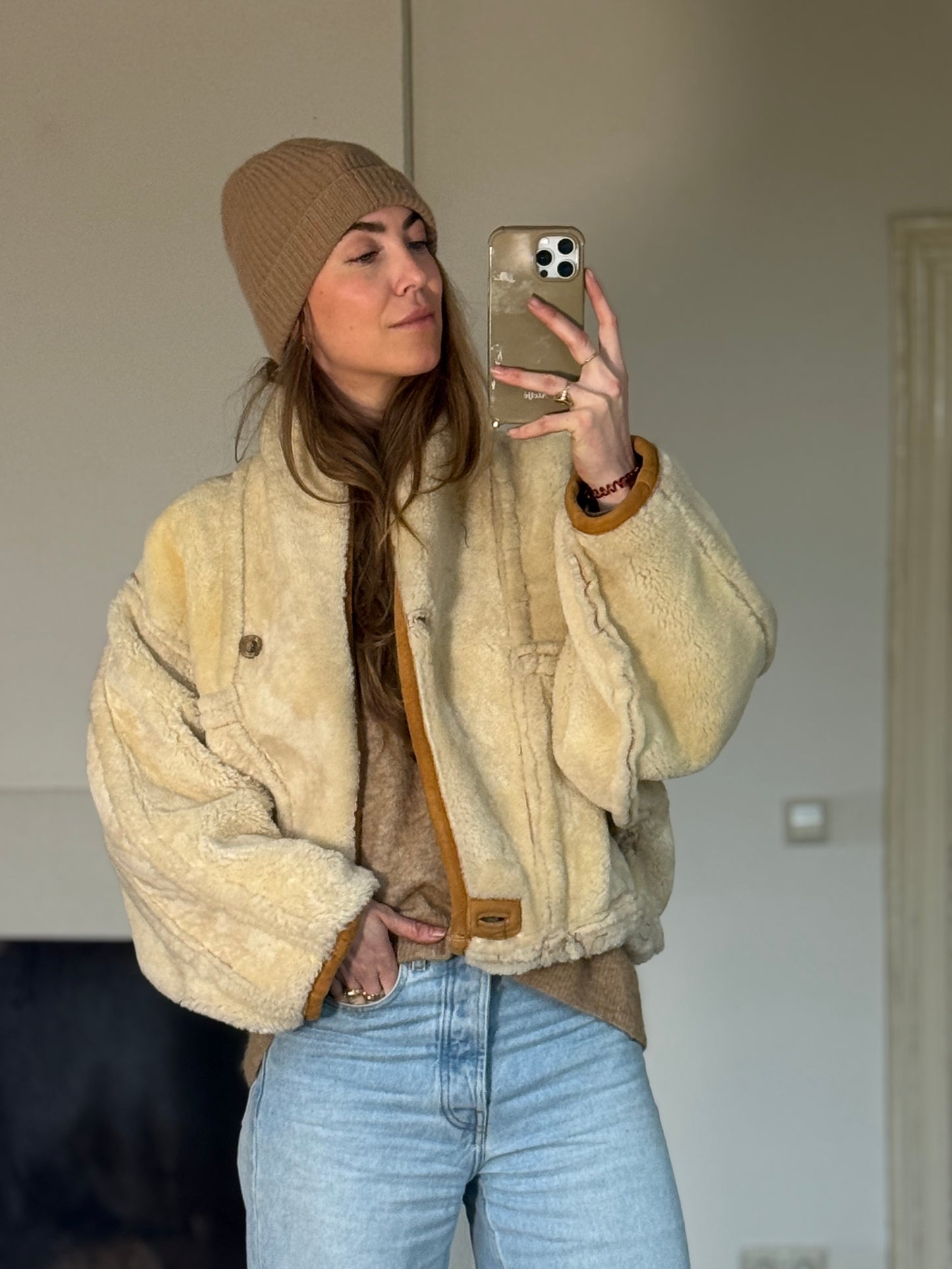 Vintage cropped lammy coat remade reversible bruin maat S-L