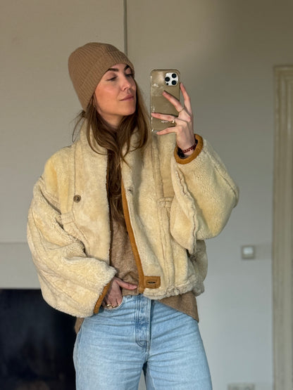 Vintage cropped lammy coat remade reversible bruin maat S-L