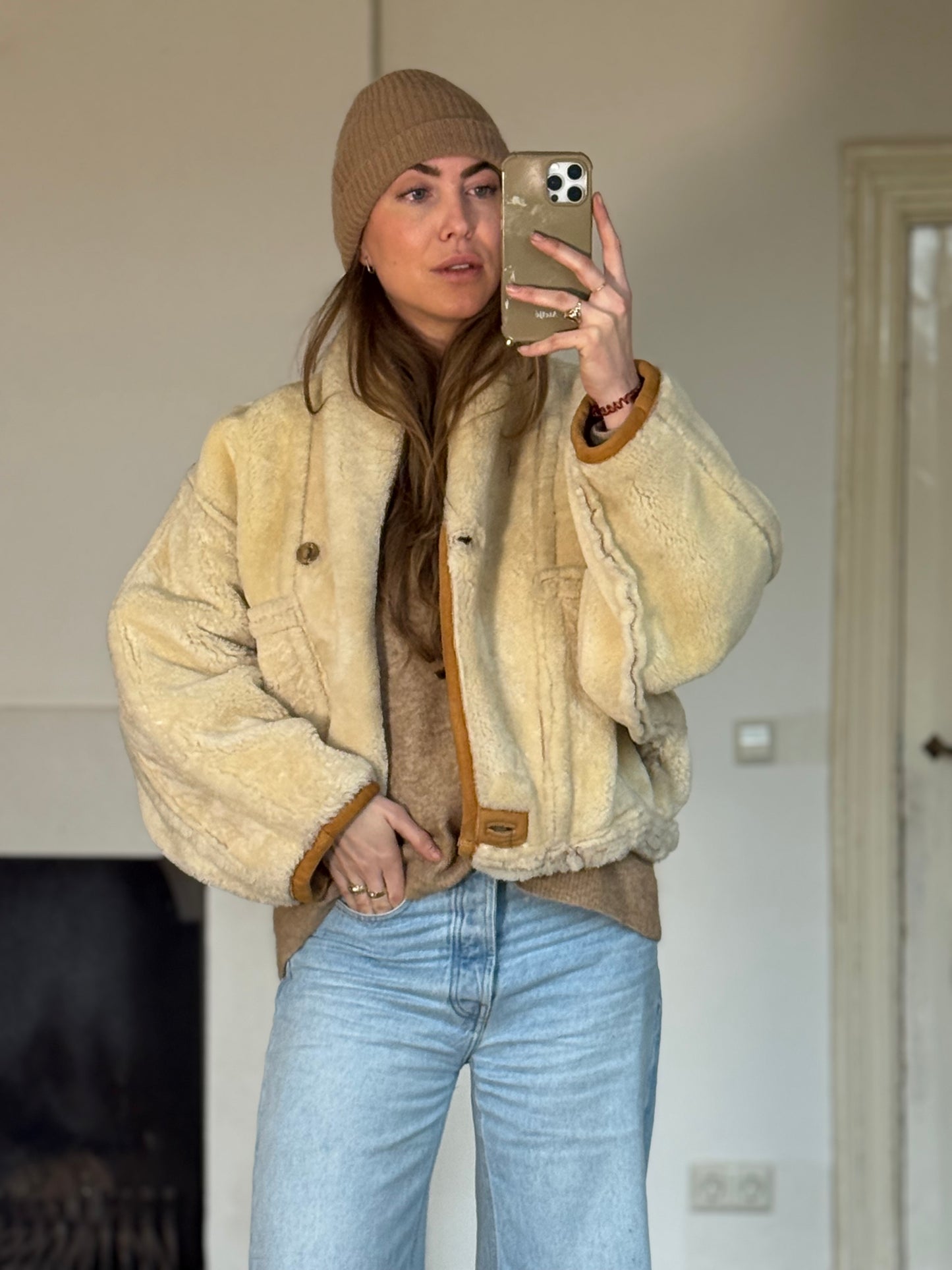 Vintage cropped lammy coat remade reversible bruin maat S-L