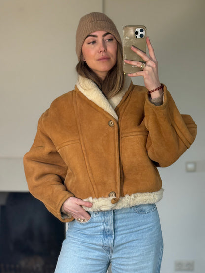 Vintage cropped lammy coat remade reversible bruin maat S-L