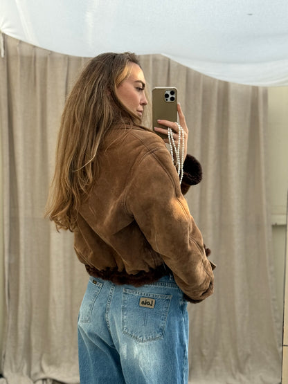 Vintage remade lammy coat cropped bruin maat S-XL