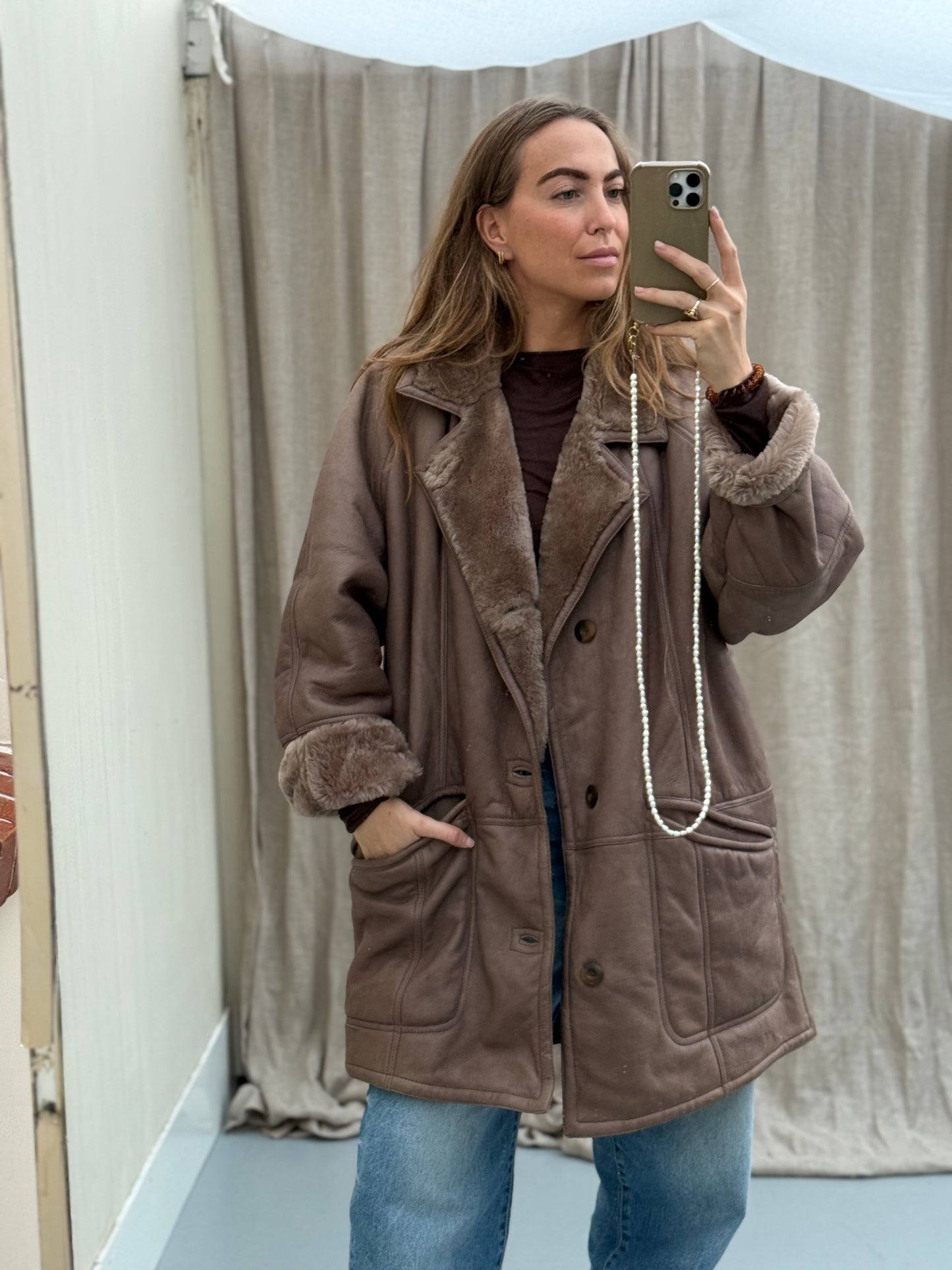 Vintage lammy coat grijs taupe reversible