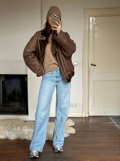 Vintage cropped lammy coat remade reversible bruin maat M-XL