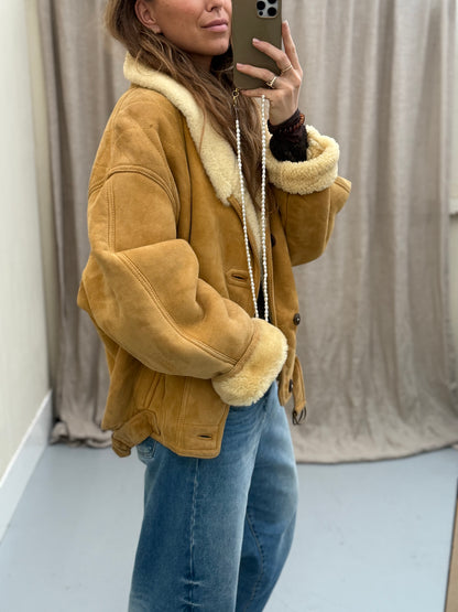 Vintage lammy coat okergeel sheepskin maat 52