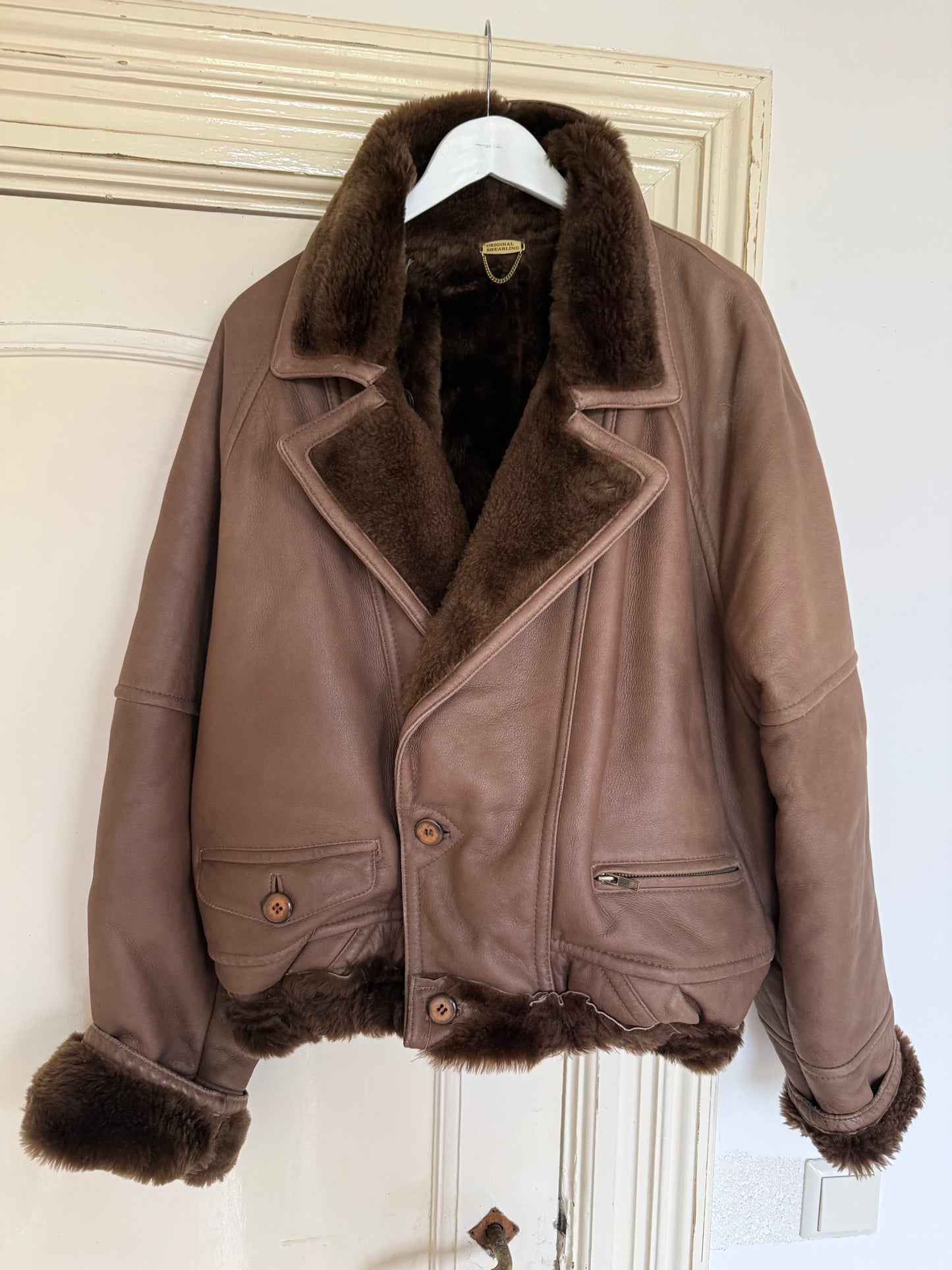 Vintage cropped lammy coat remade reversible bruin maat M-XL