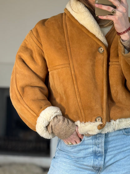 Vintage cropped lammy coat remade reversible bruin maat S-L