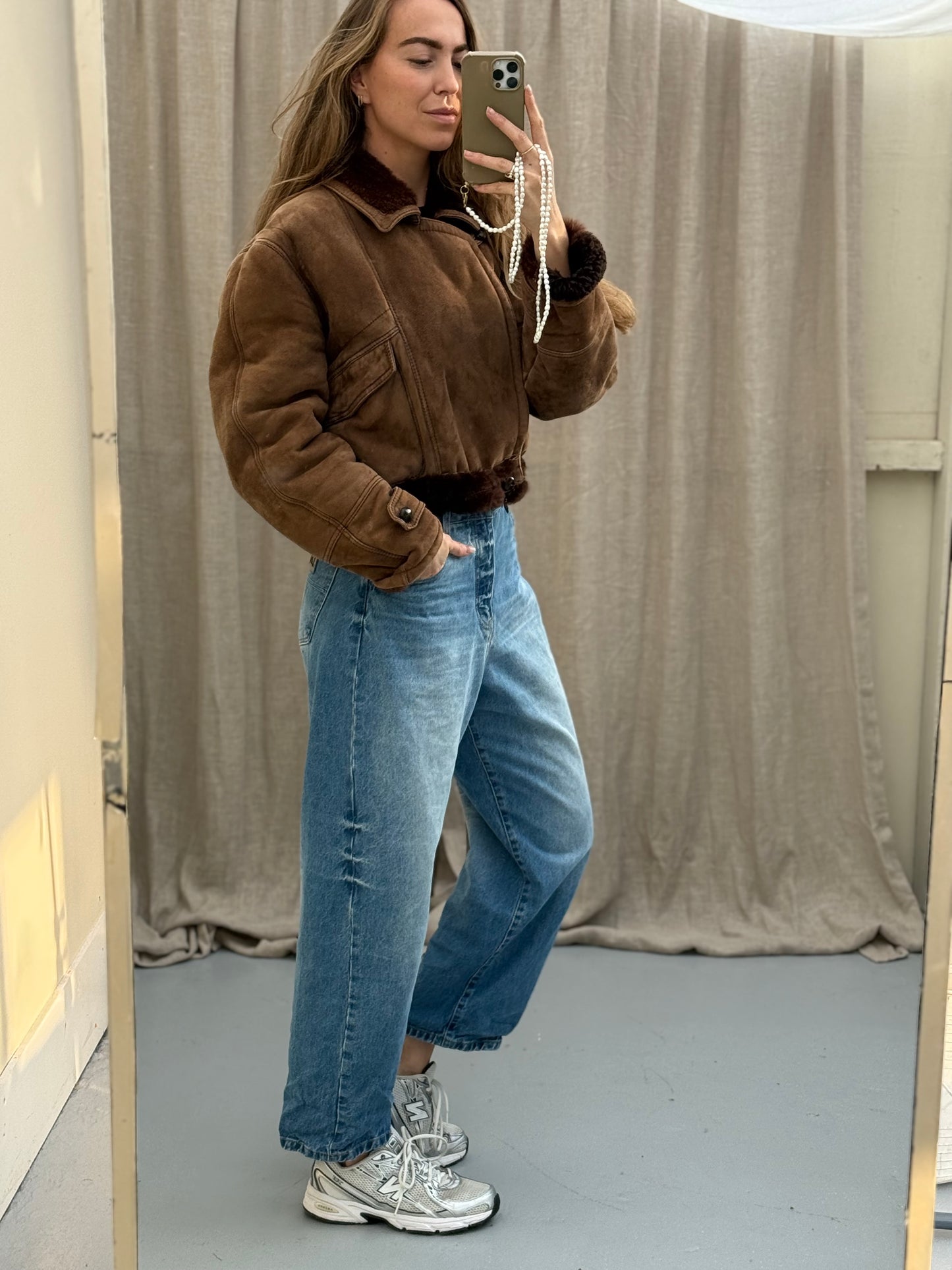 Vintage remade lammy coat cropped bruin maat S-XL