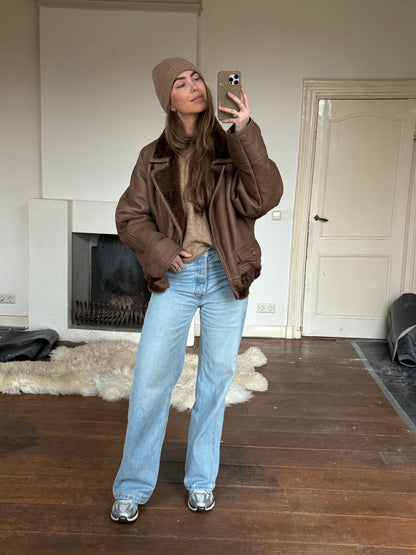 Vintage cropped lammy coat remade reversible bruin maat M-XL